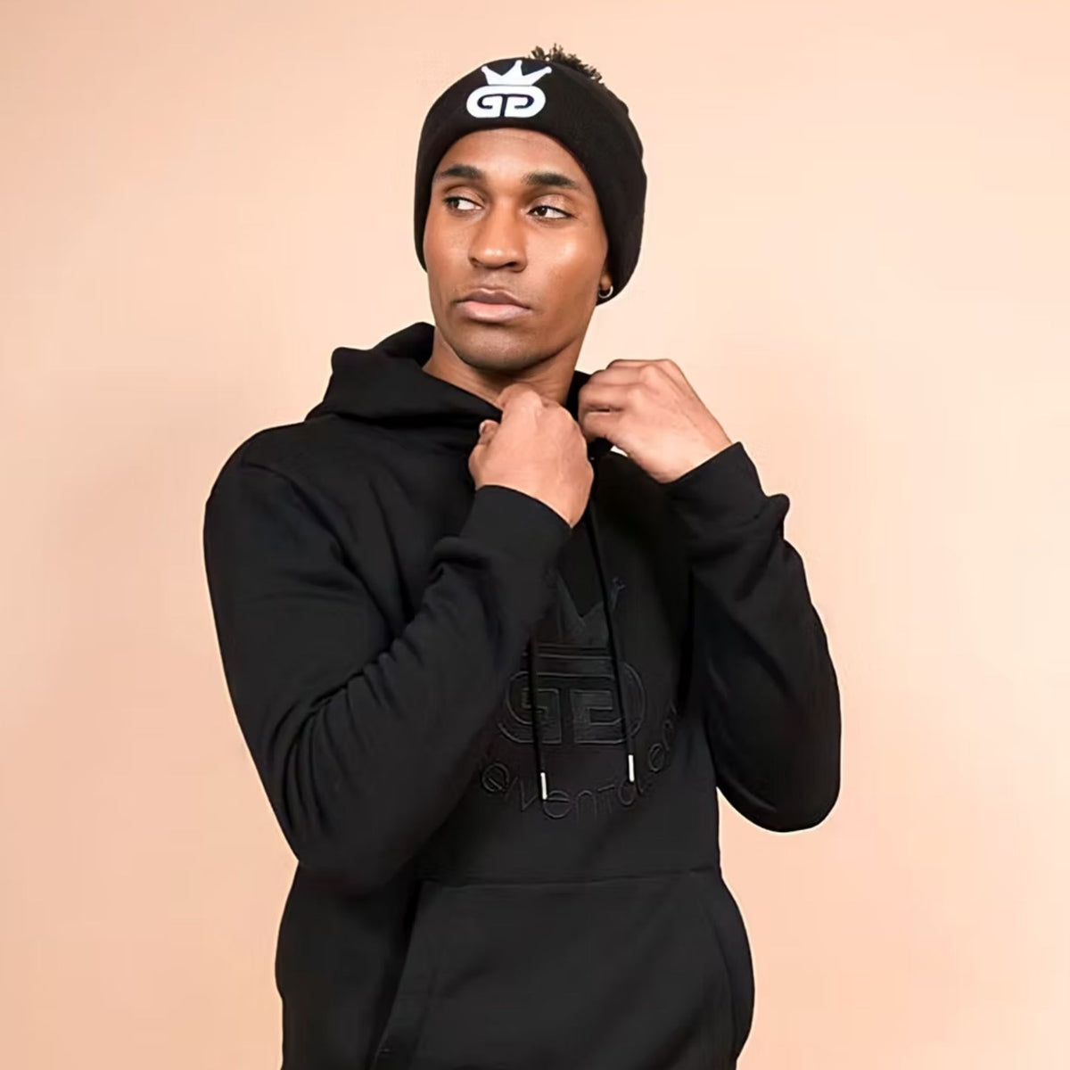 Black Beanie with White Woven Logo