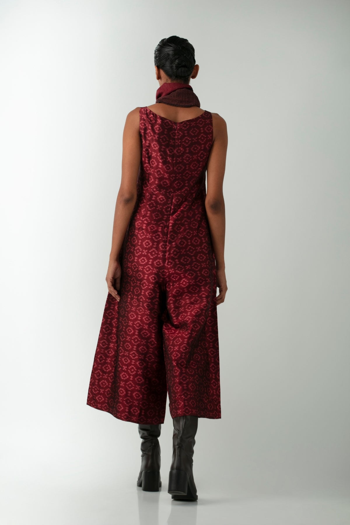 BOITO - Maroon Ikat Silk Boatneck Jumpsuit with Pasa Motif, buy at DOORS NYC
