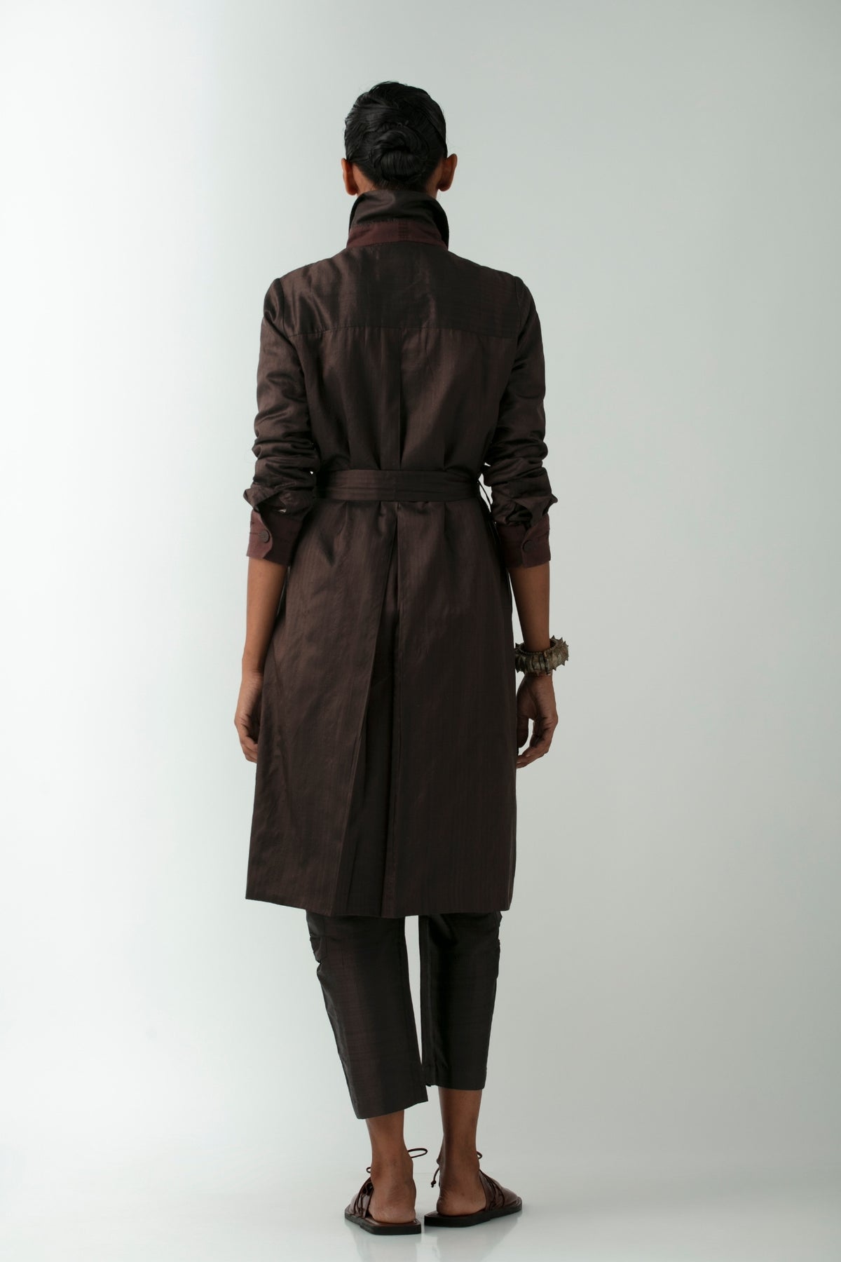 BOITO - Coffee Brown Ikat Silk Overcoat with Silver Stripes, buy at DOORS NYC