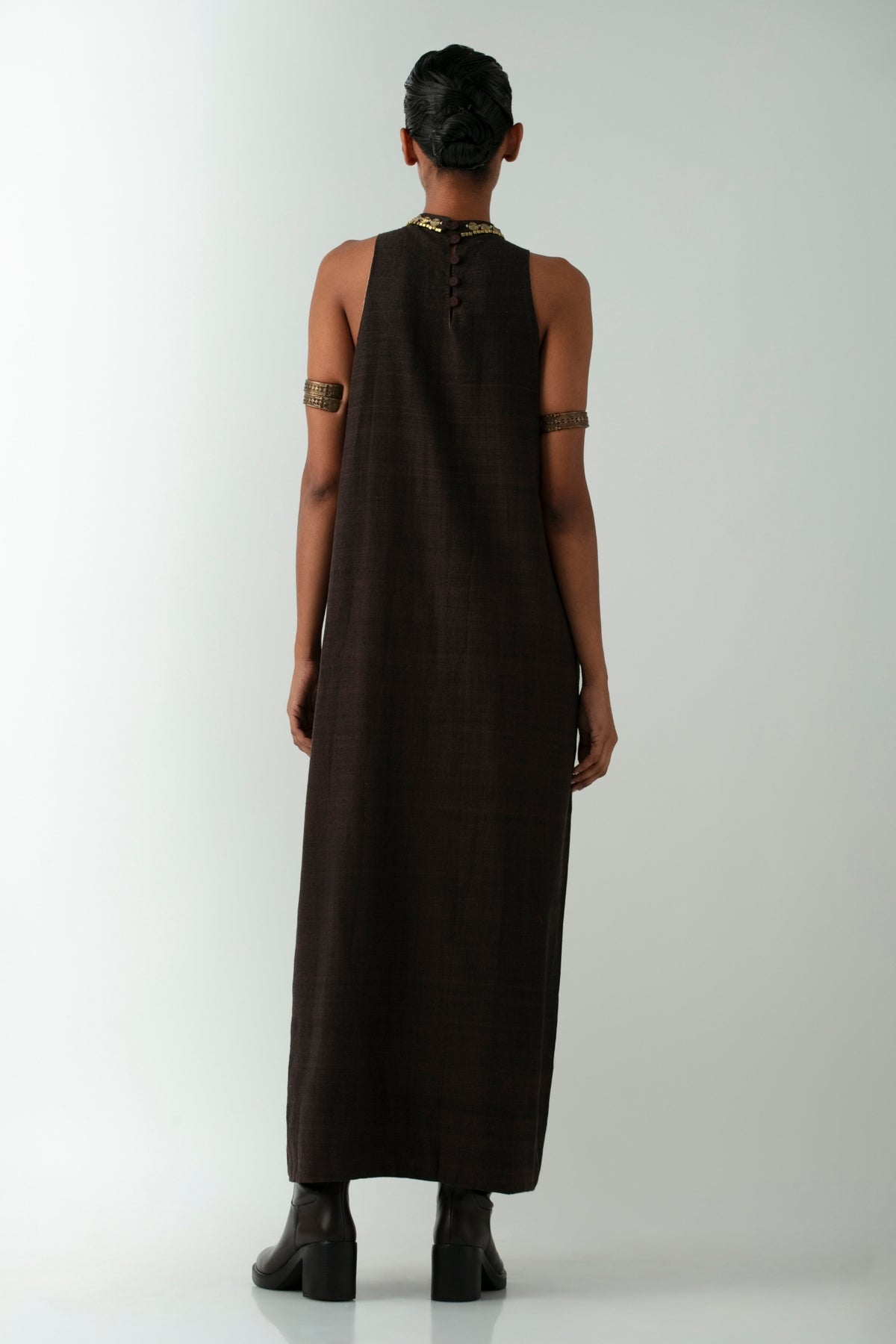 BOITO - Chocolate Brown Kotpad Halter Dress with Dhokra Beads, buy at DOORS NYC