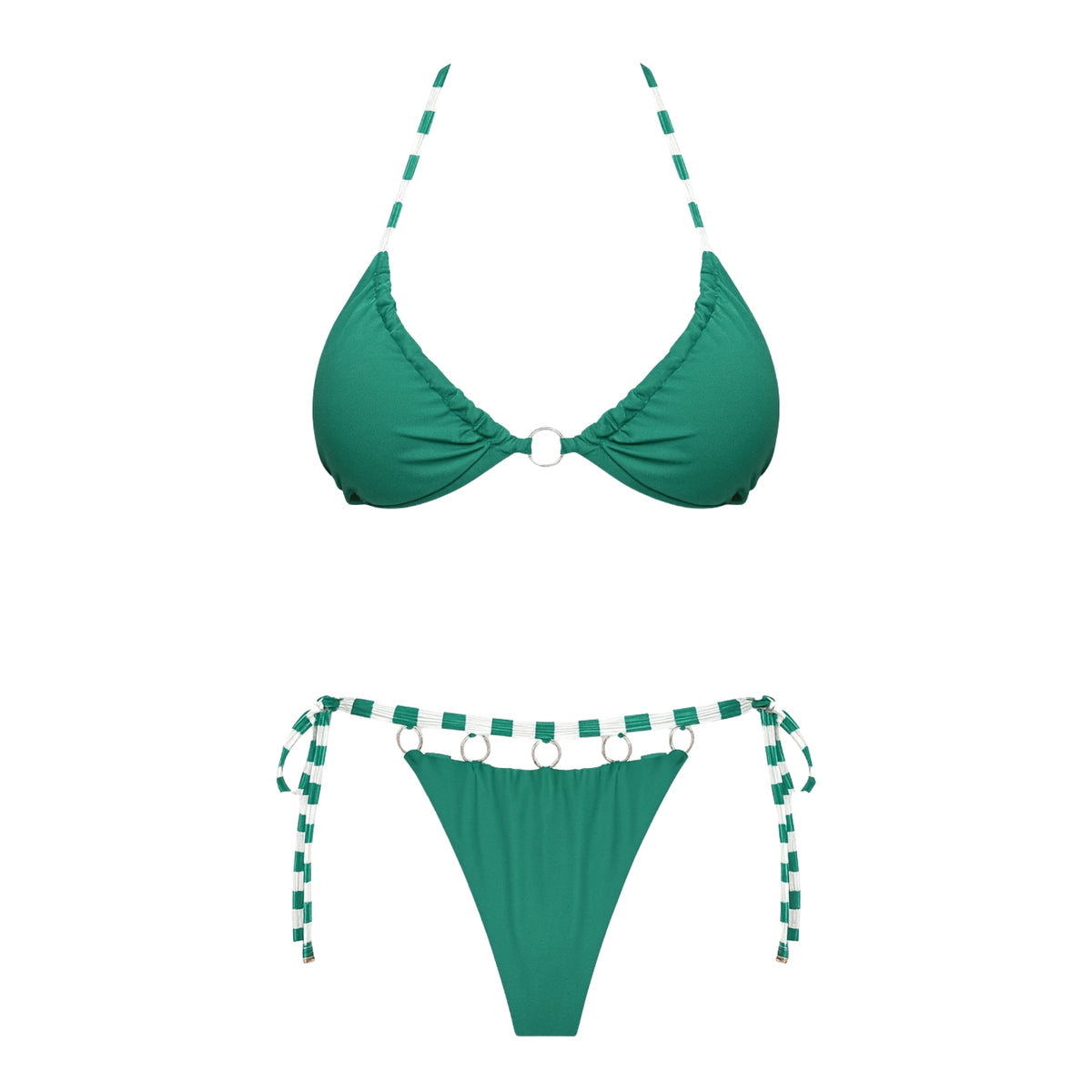 Front view of turquoise string bikini with striped ties and metal ring detail