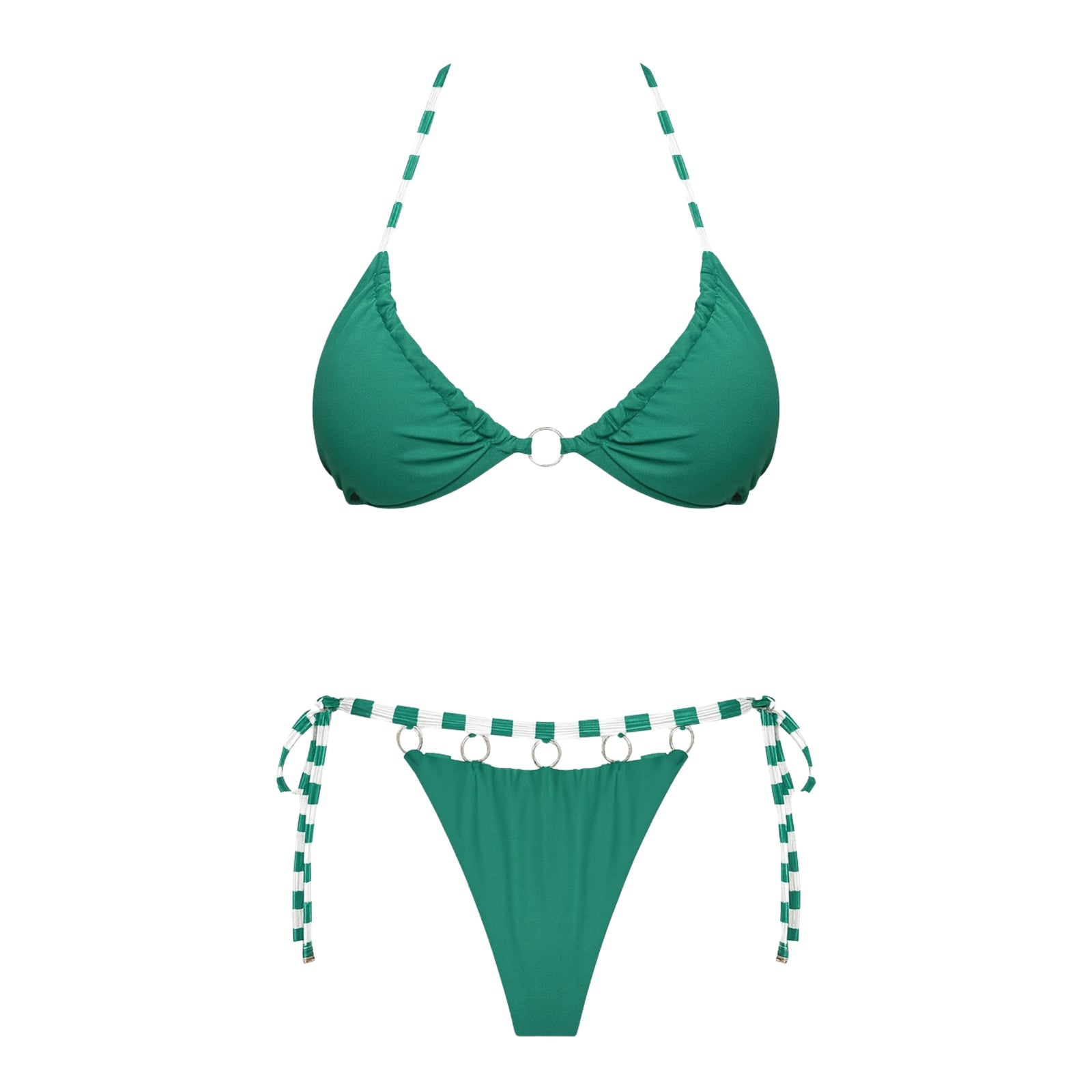 Front view of turquoise string bikini with striped ties and metal ring detail