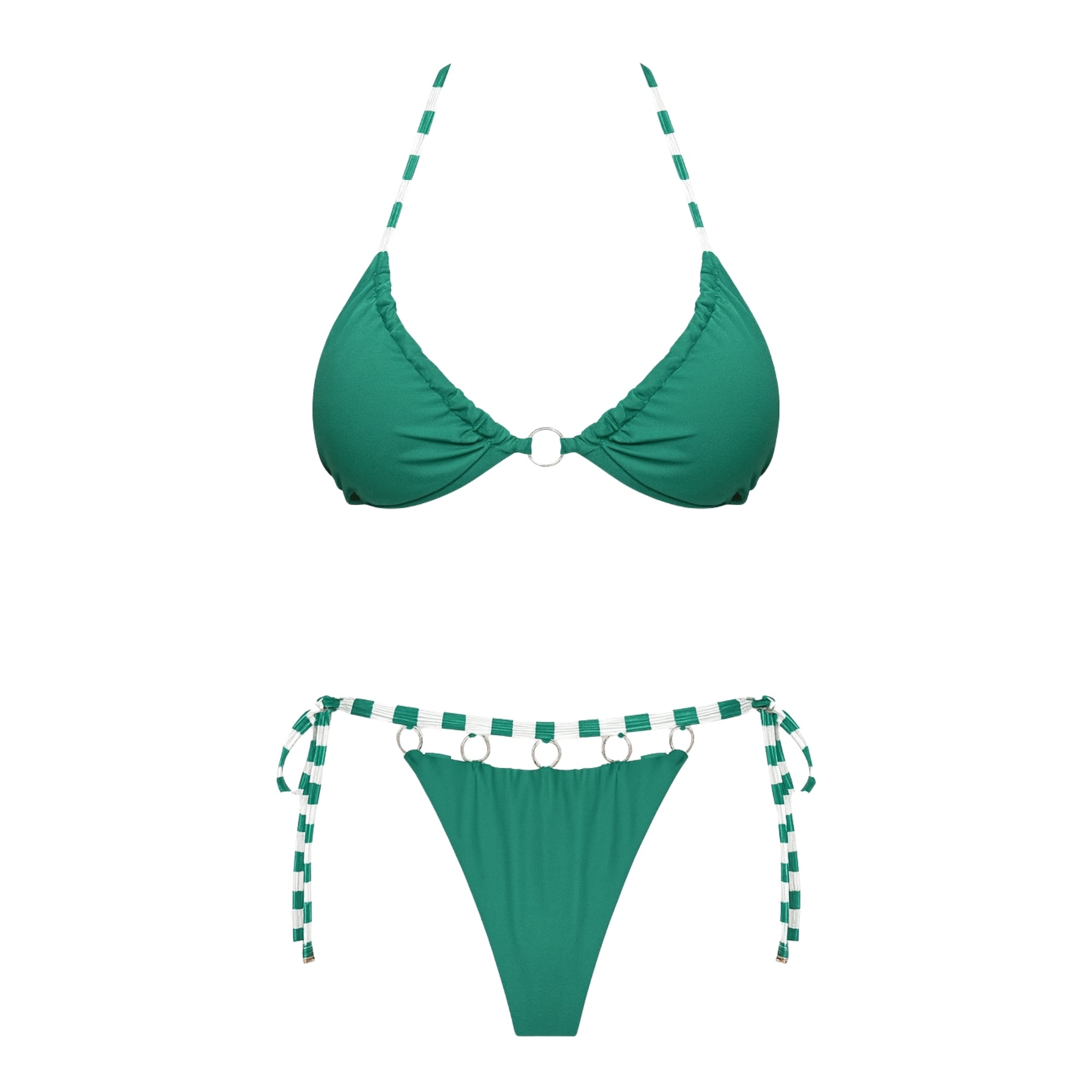 Front view of turquoise string bikini with striped ties and metal ring detail