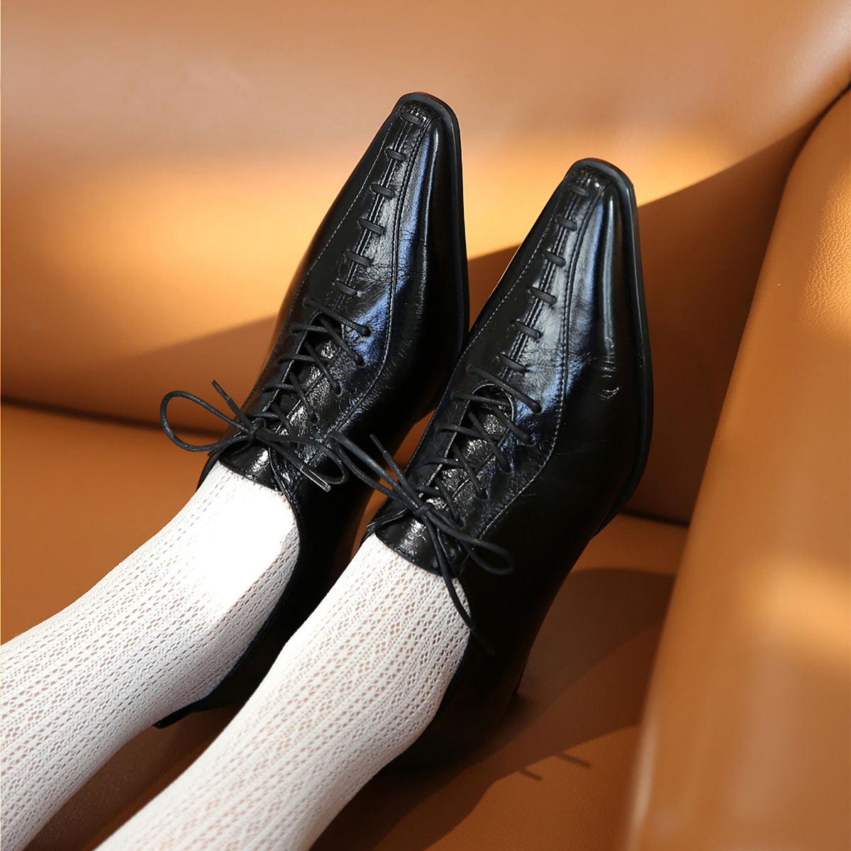 Black Lace-Up Kitten Heel 
Leather Shoes