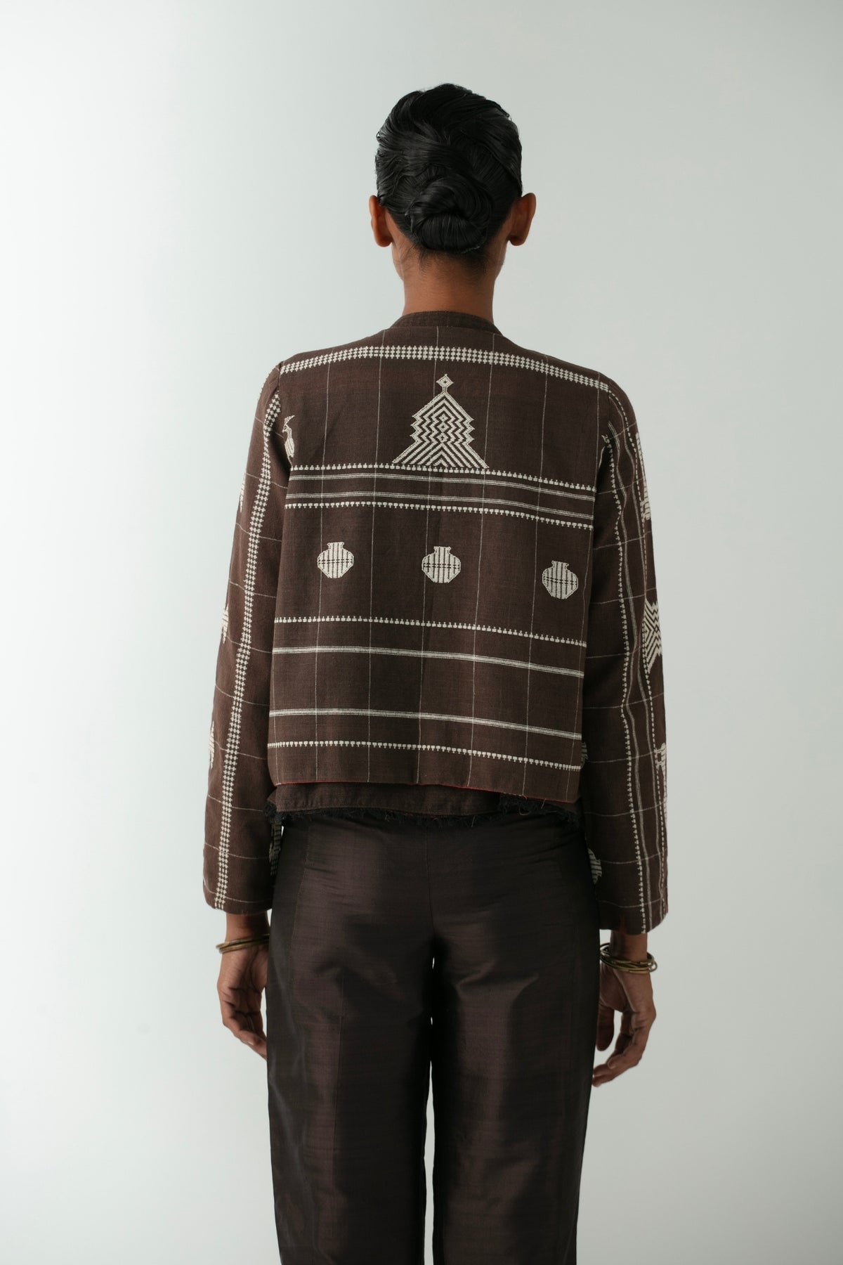 BOITO - Chocolate Brown Kotpad Short Jacket with Extra-Weft Motifs, buy at DOORS NYC