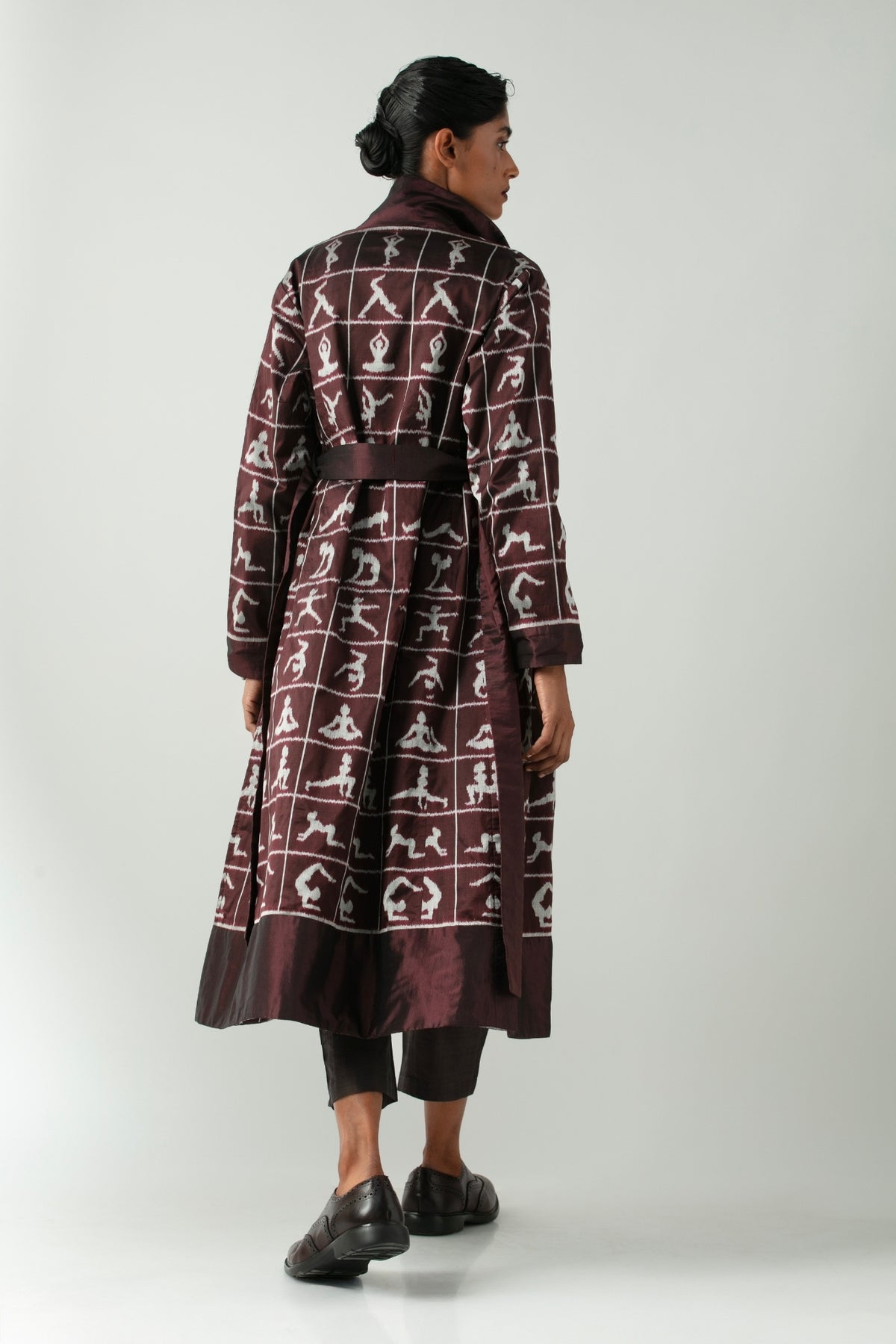 BOITO - Burgundy Ikat Silk Overcoat with Yoga Motifs, buy at DOORS NYC