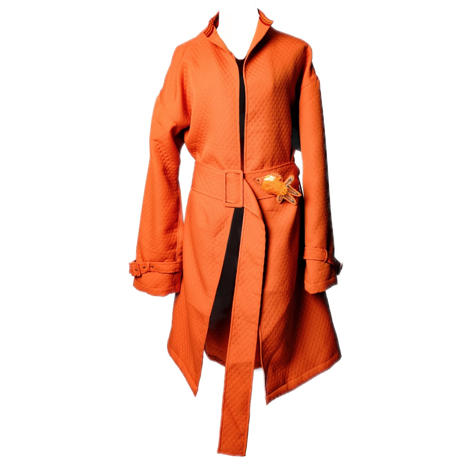 OTKUTYR - Tangerine Quilted Belted Coat with Asian Collar, buy at DOORS NYC