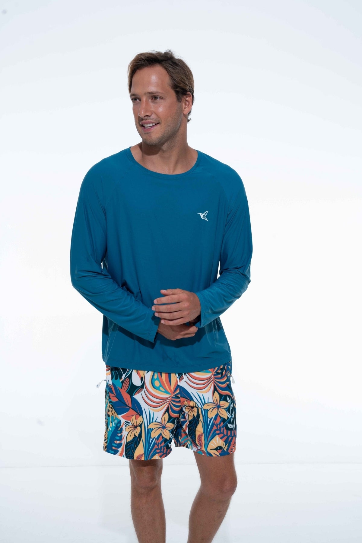 Model wearing deep ocean UPF long sleeve activity shirt