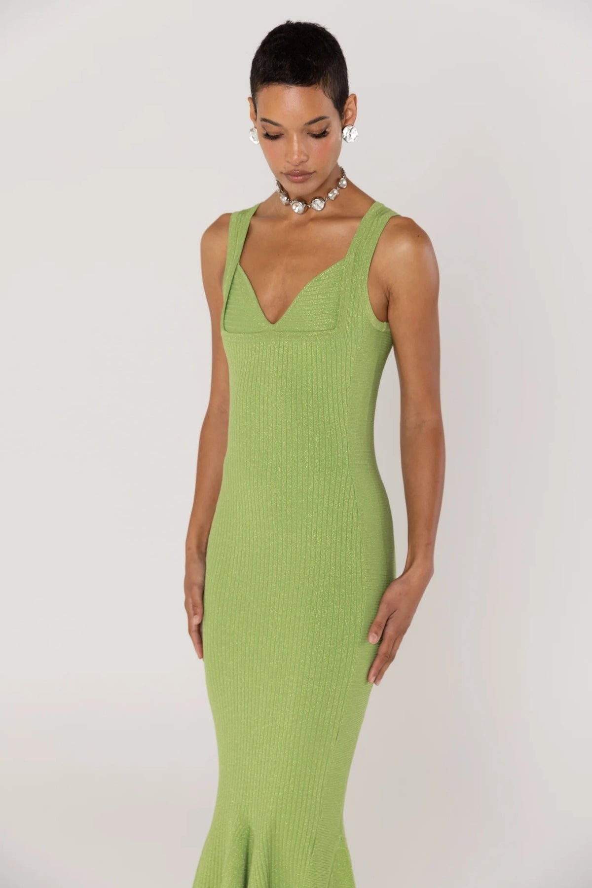 ANDREEVA - Apple Green Metallic Knit Maxi Dress, buy at DOORS NYC