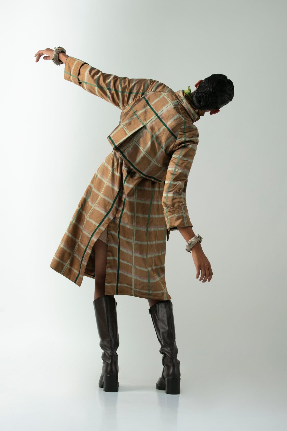 BOITO - Gold Chequered Ikat Silk Trench Coat, buy at DOORS NYC
