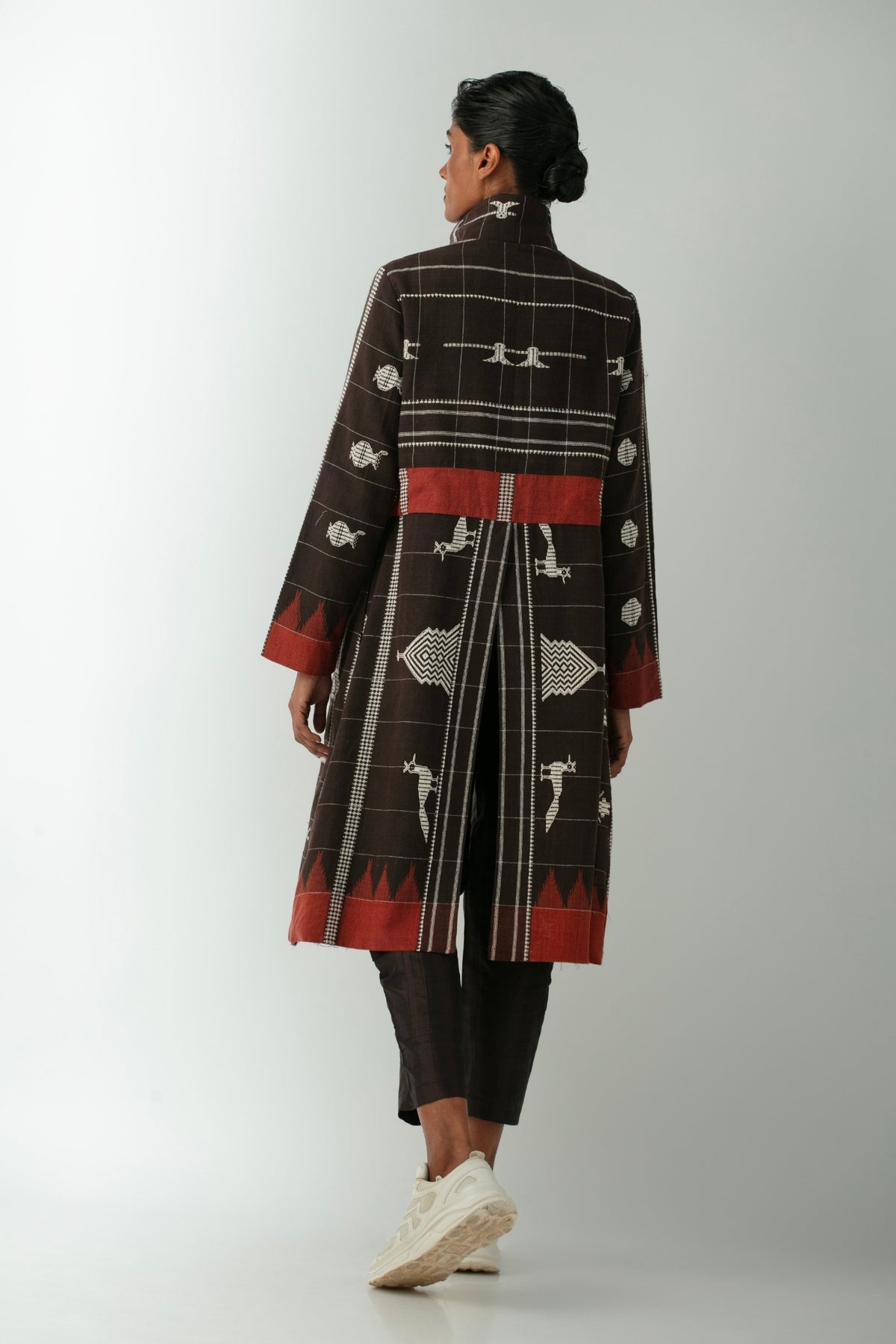 BOITO - Brown Kotpad Handloom Jacket with Temple and Nature Motifs, buy at DOORS NYC