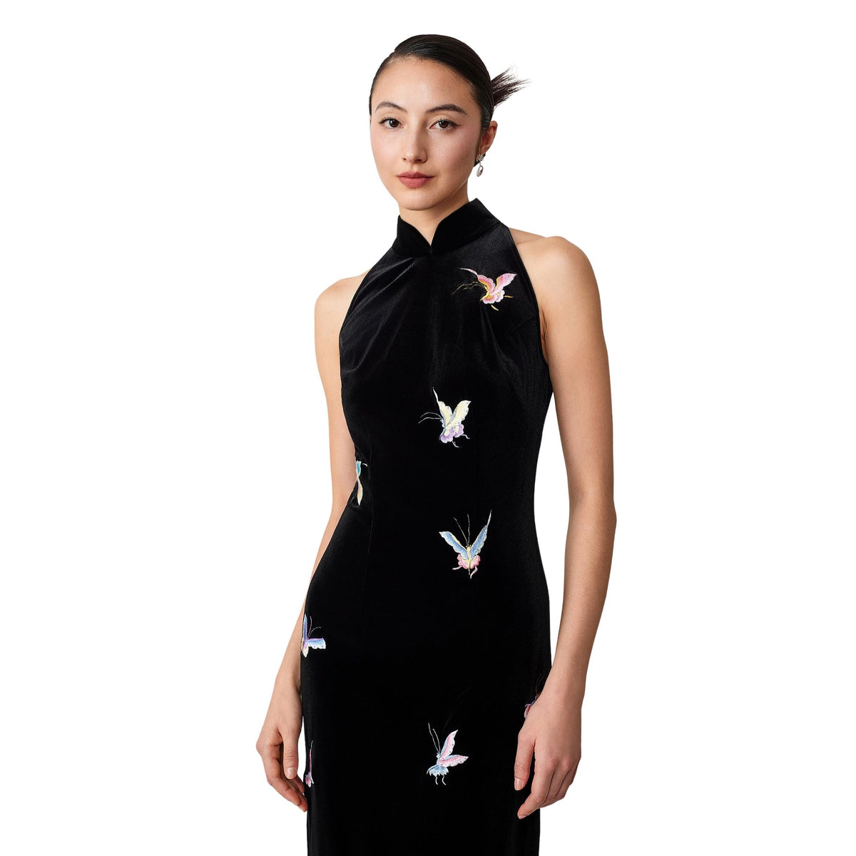 Black Halter-Neck Butterfly Qipao