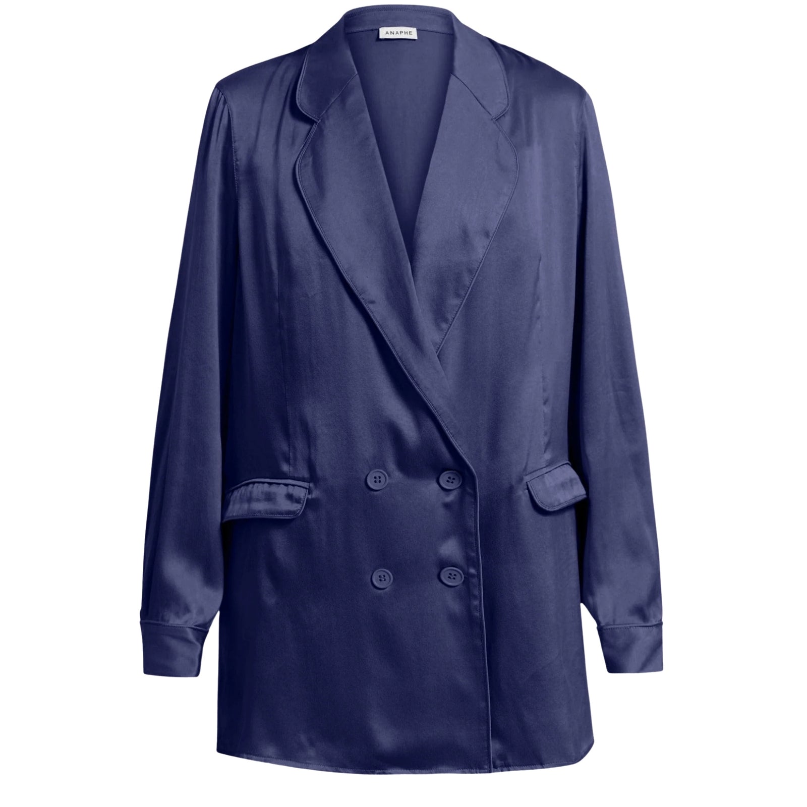French Navy Silk Blazer with Double-Breasted Drape