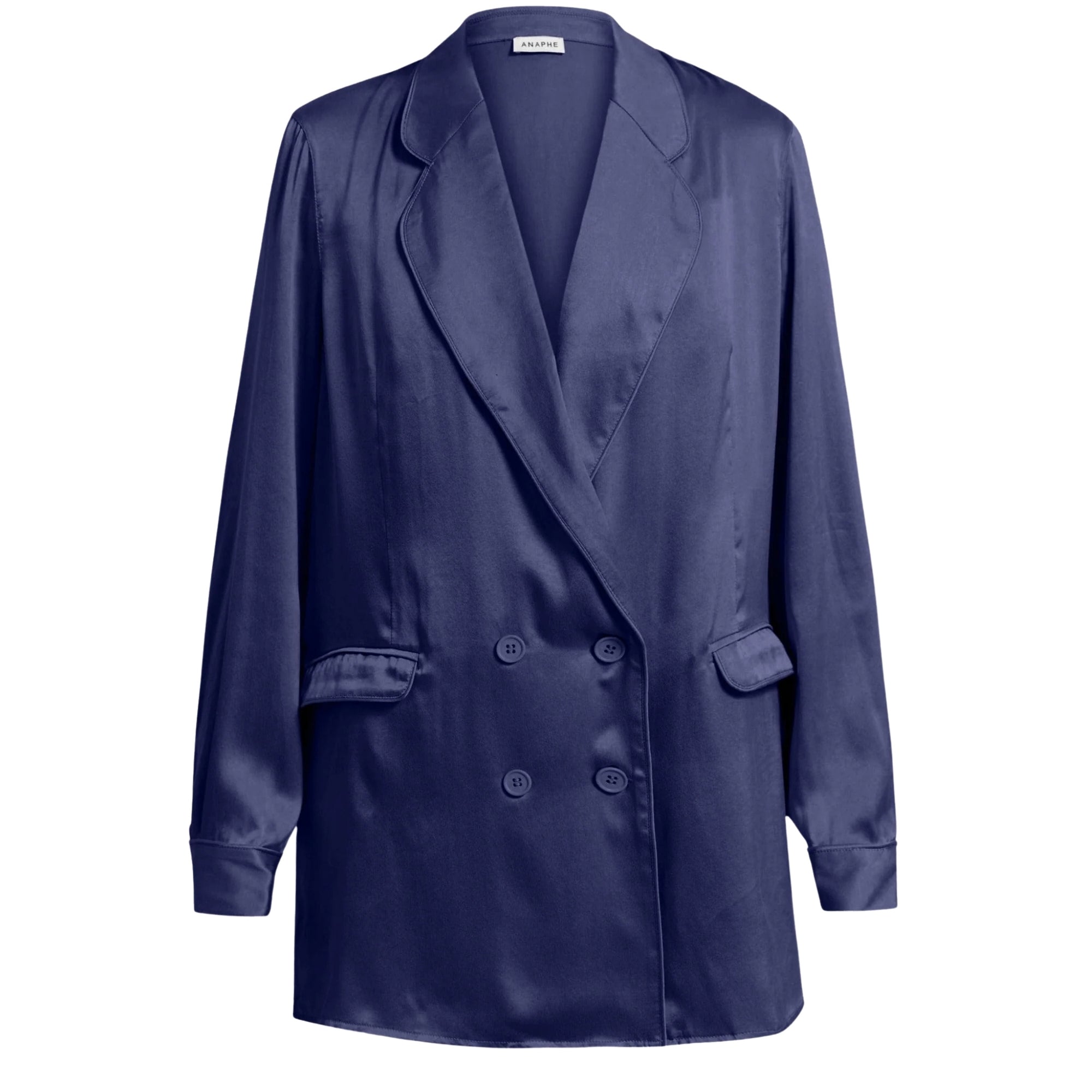 French Navy Silk Blazer with Double-Breasted Drape