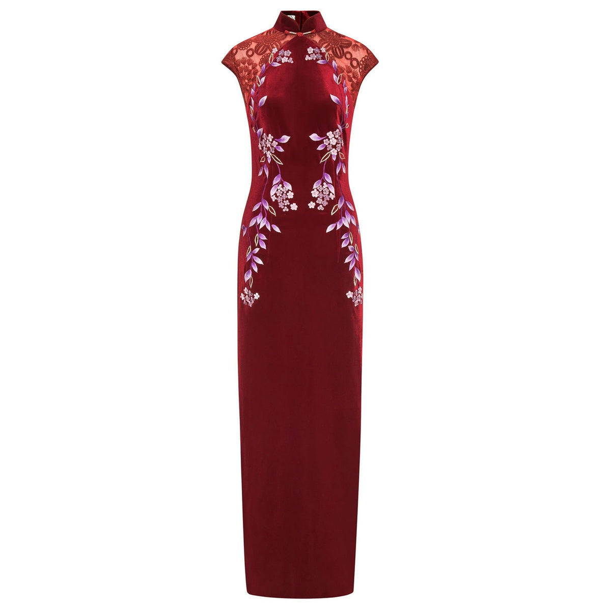 Burgundy Wisteria Backless Qipao