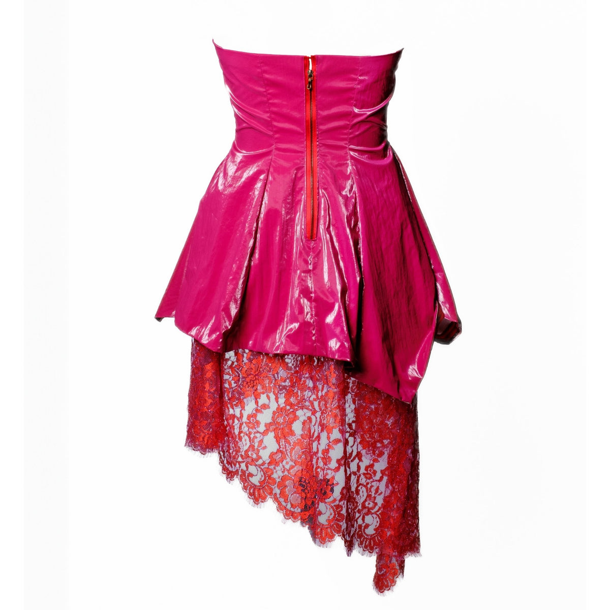 OTKUTYR - Strapless Fuchsia Faux Leather Mini Dress with Lace Hem, buy at DOORS NYC