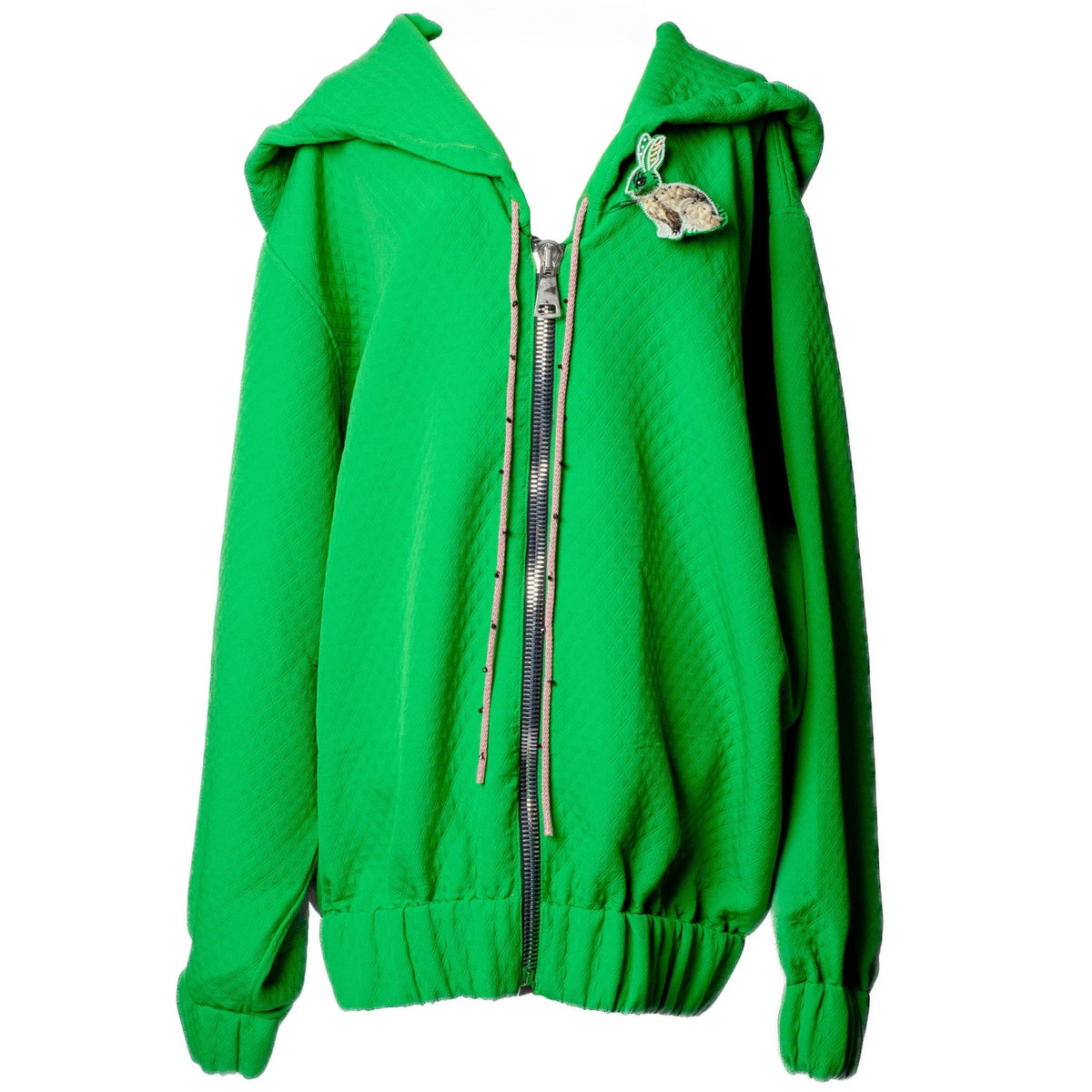 OTKUTYR - Green Quilted Oversized Hoodie with Crystal Drawstrings, buy at DOORS NYC