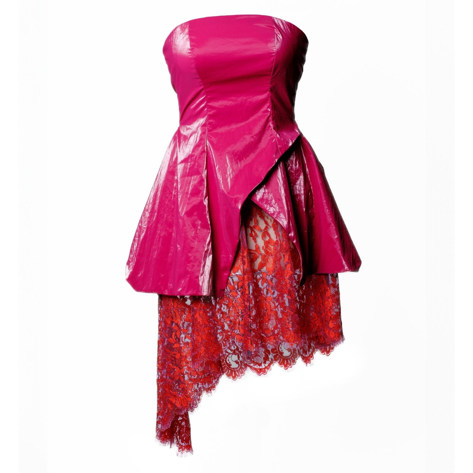 OTKUTYR - Strapless Fuchsia Faux Leather Mini Dress with Lace Hem, buy at DOORS NYC