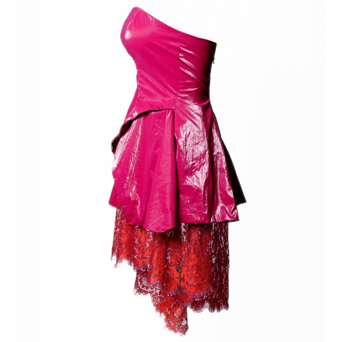 OTKUTYR - Strapless Fuchsia Faux Leather Mini Dress with Lace Hem, buy at DOORS NYC