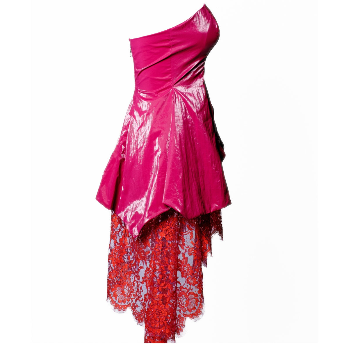 OTKUTYR - Strapless Fuchsia Faux Leather Mini Dress with Lace Hem, buy at DOORS NYC