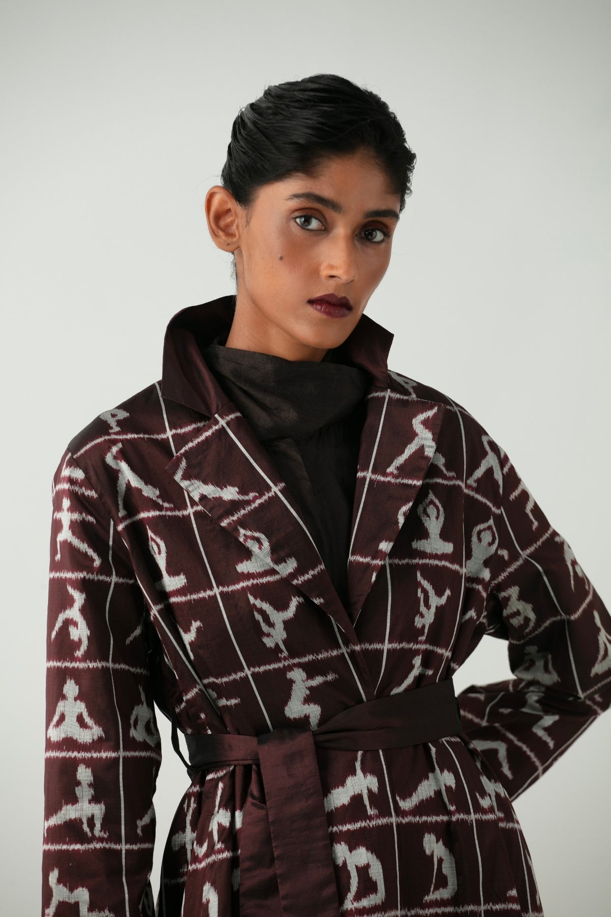 BOITO - Burgundy Ikat Silk Overcoat with Yoga Motifs, buy at DOORS NYC