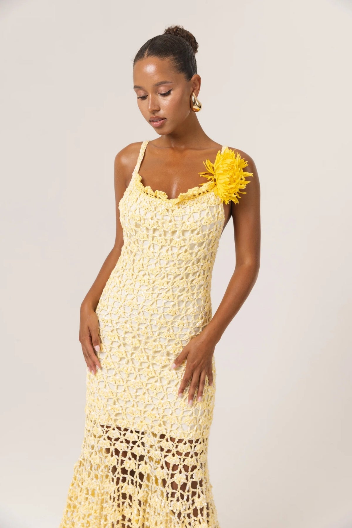 yellow lace crochet dress ANDREEVA - Butter Yellow Chrysanthemum Midi Handmade Crochet Dress