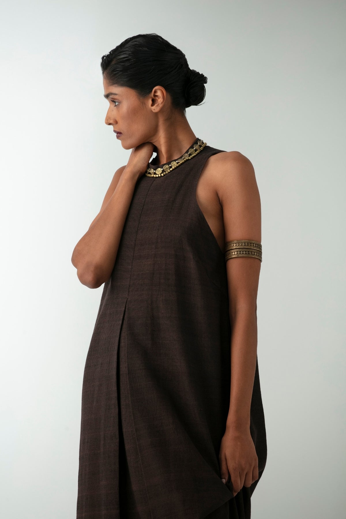 BOITO - Chocolate Brown Kotpad Halter Dress with Dhokra Beads, buy at DOORS NYC