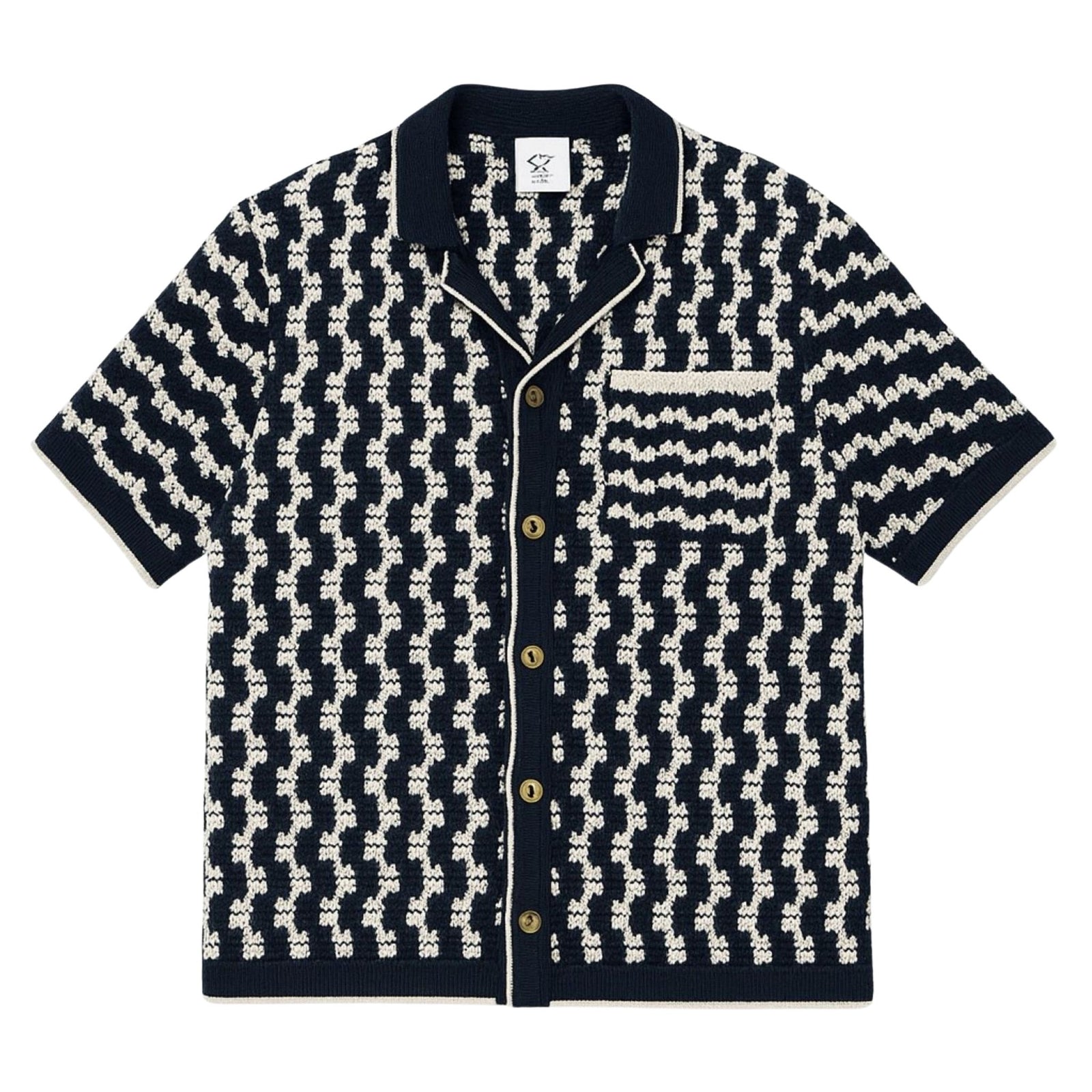 Front view of navy white crochet button-up shirt by Live Kolibri