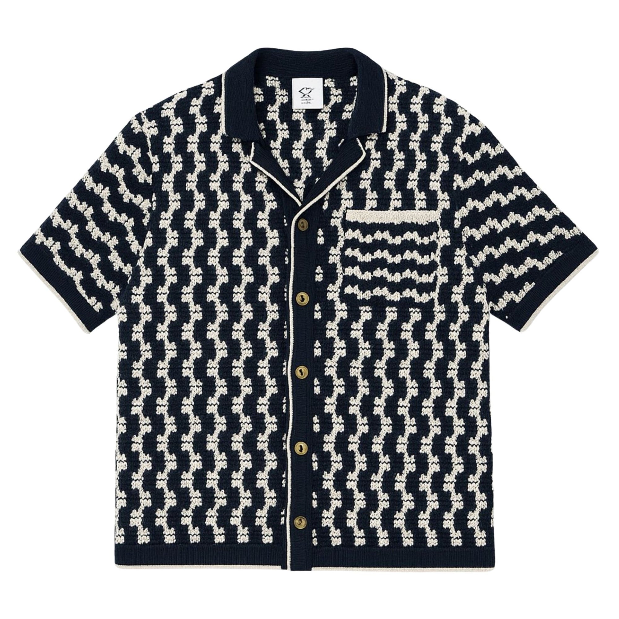 Front view of navy white crochet button-up shirt by Live Kolibri