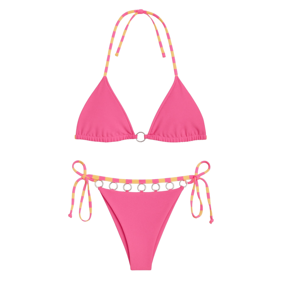 Front view of pink and orange string bikini set with metal ring detail