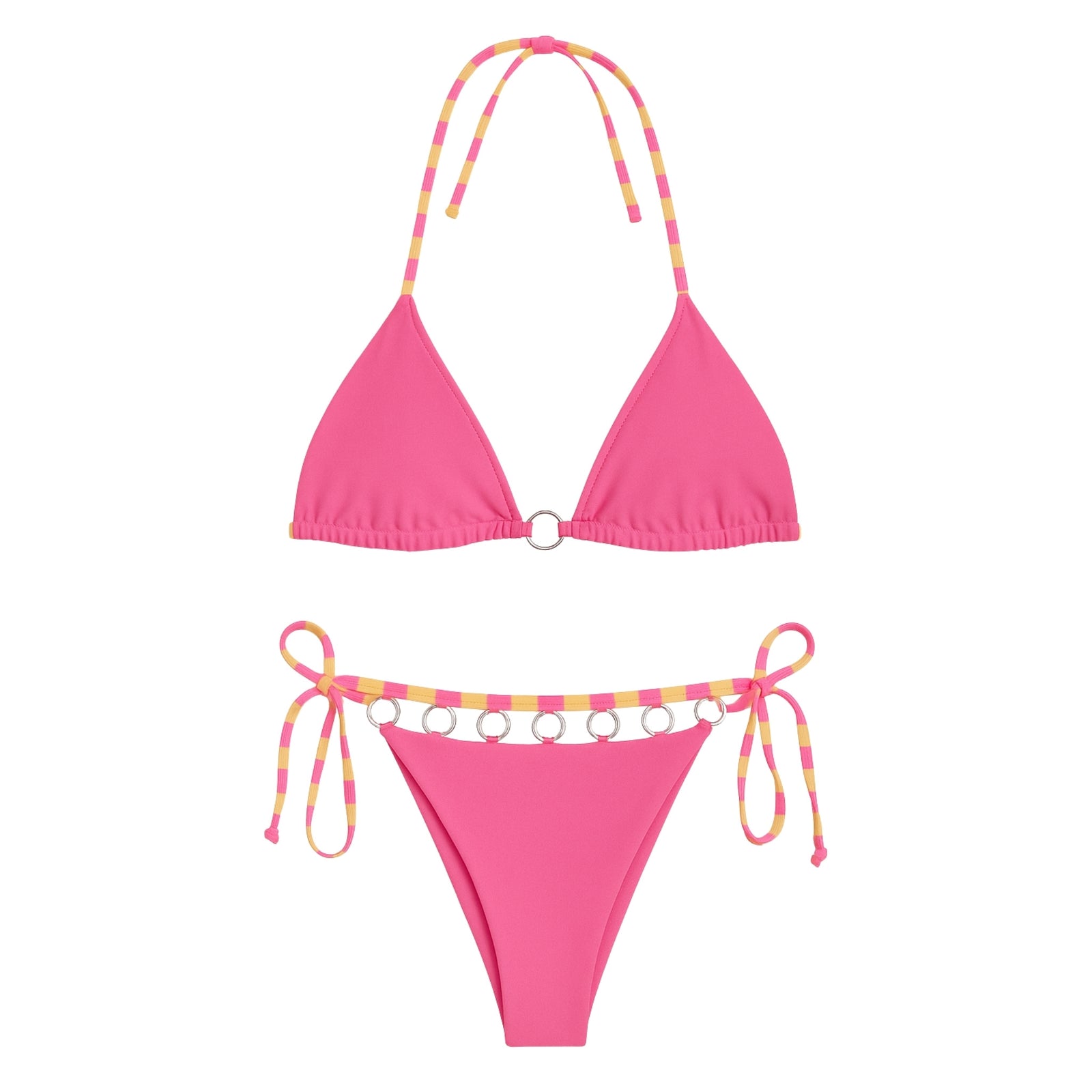 Front view of pink and orange string bikini set with metal ring detail