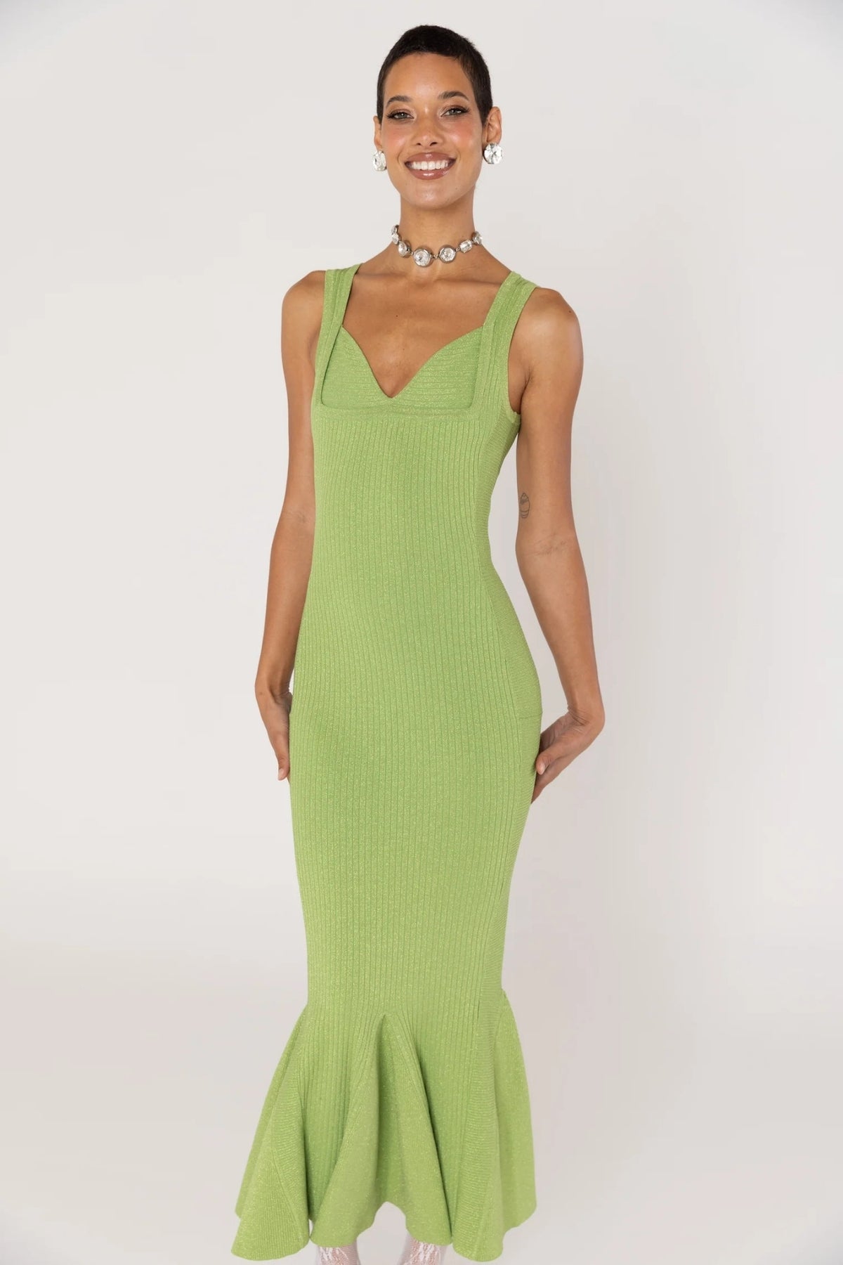 ANDREEVA - Apple Green Metallic Knit Maxi Dress, buy at DOORS NYC