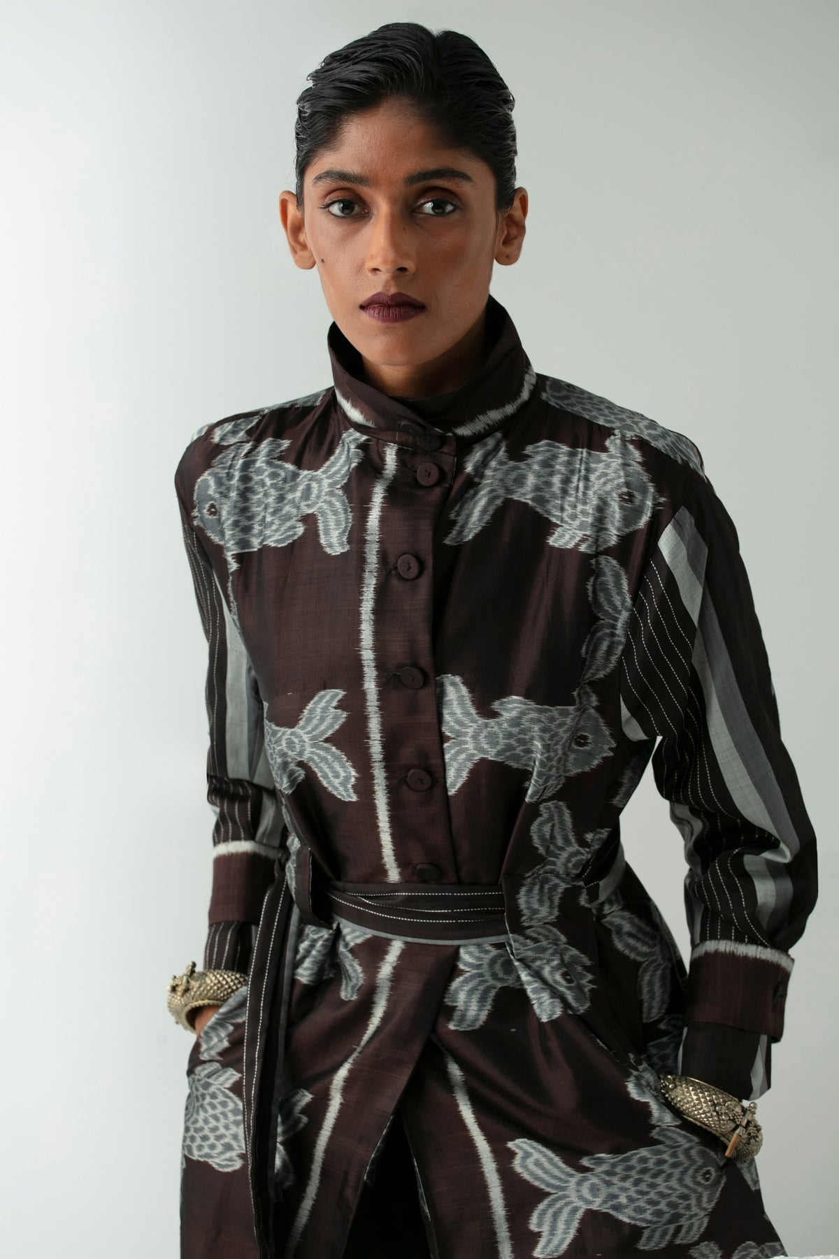 BOITO - Black Ikat Silk Coat with Silver Fish Motifs, buy at DOORS NYC