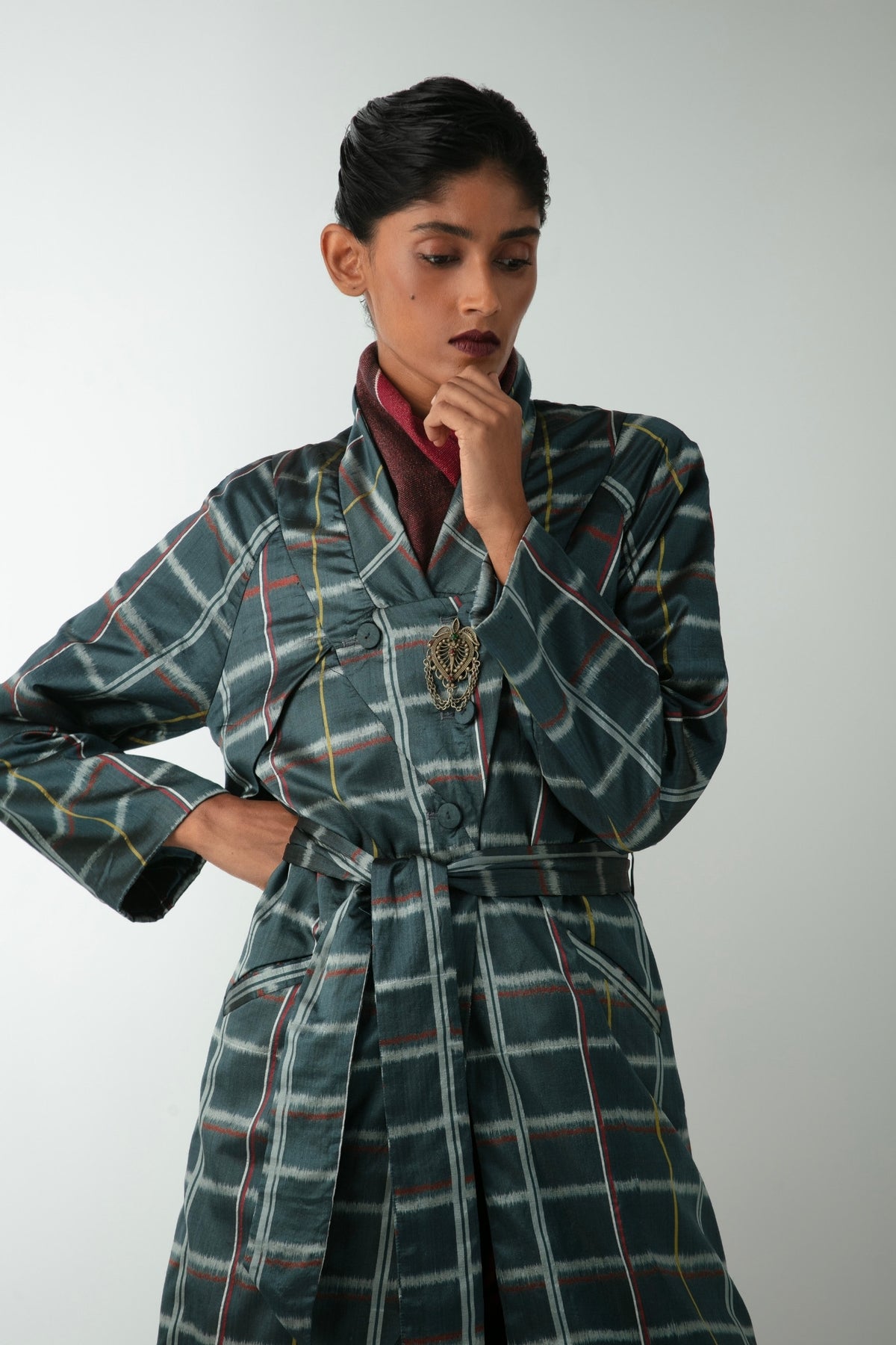 BOITO - Indigo Chequered Ikat Silk Trench Coat, buy at DOORS NYC