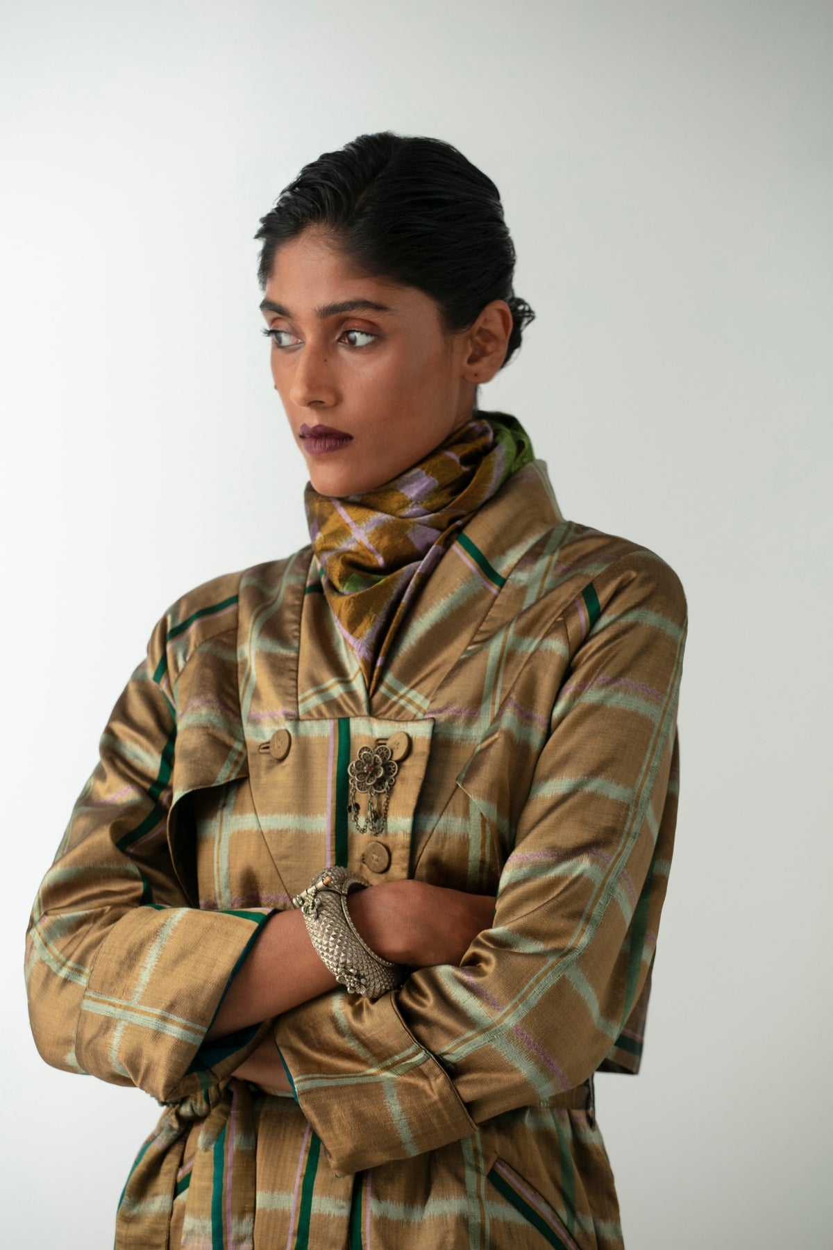 BOITO - Gold Chequered Ikat Silk Trench Coat, buy at DOORS NYC