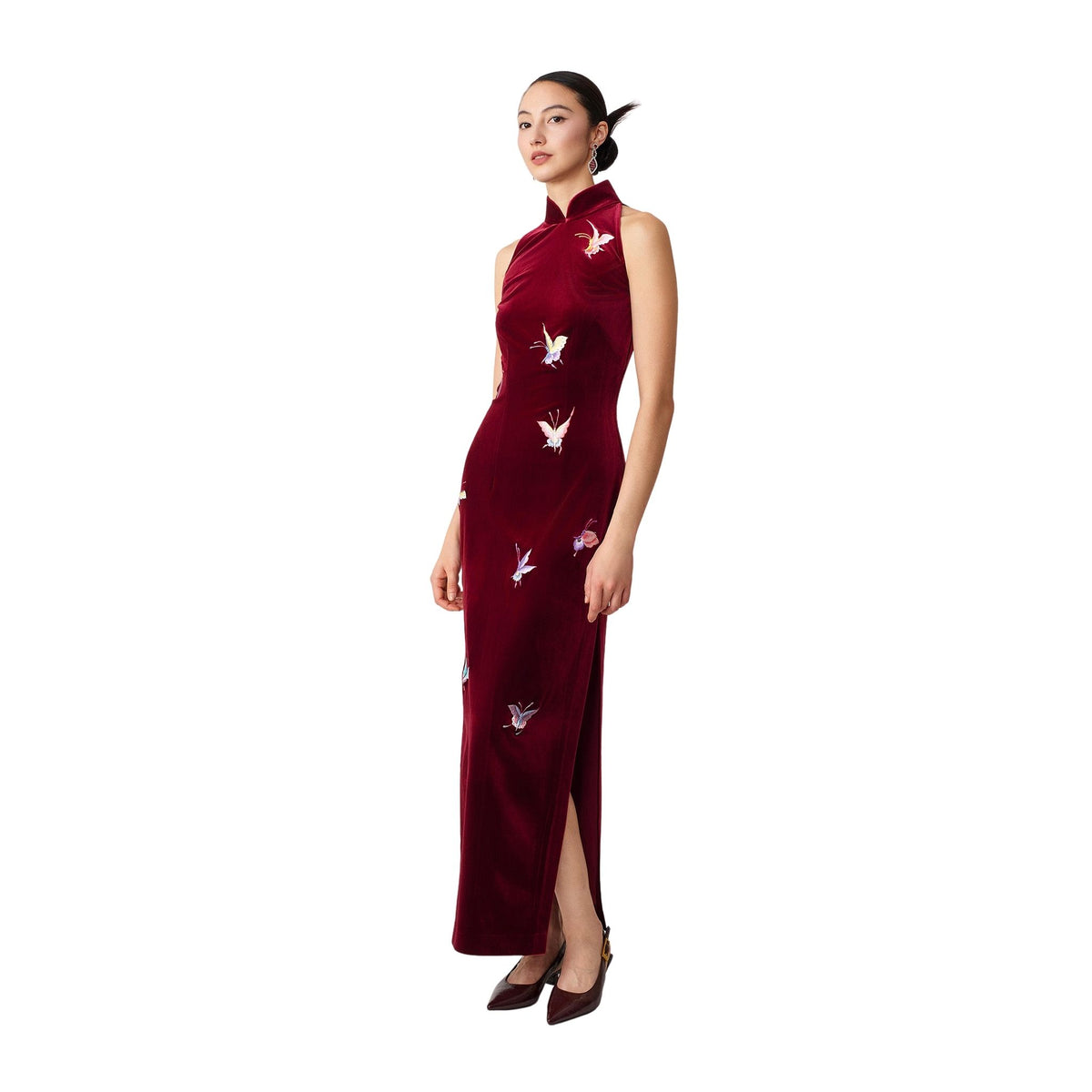 Burgundy Halter-Neck Butterfly Qipao