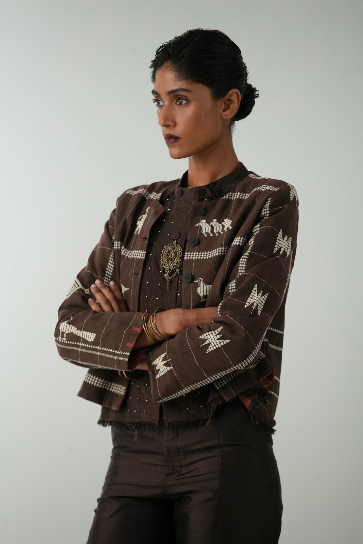 BOITO - Chocolate Brown Kotpad Short Jacket with Extra-Weft Motifs, buy at DOORS NYC