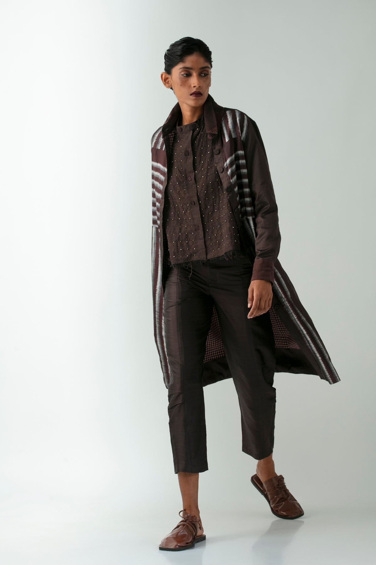 BOITO - Coffee Brown Ikat Silk Overcoat with Silver Stripes, buy at DOORS NYC