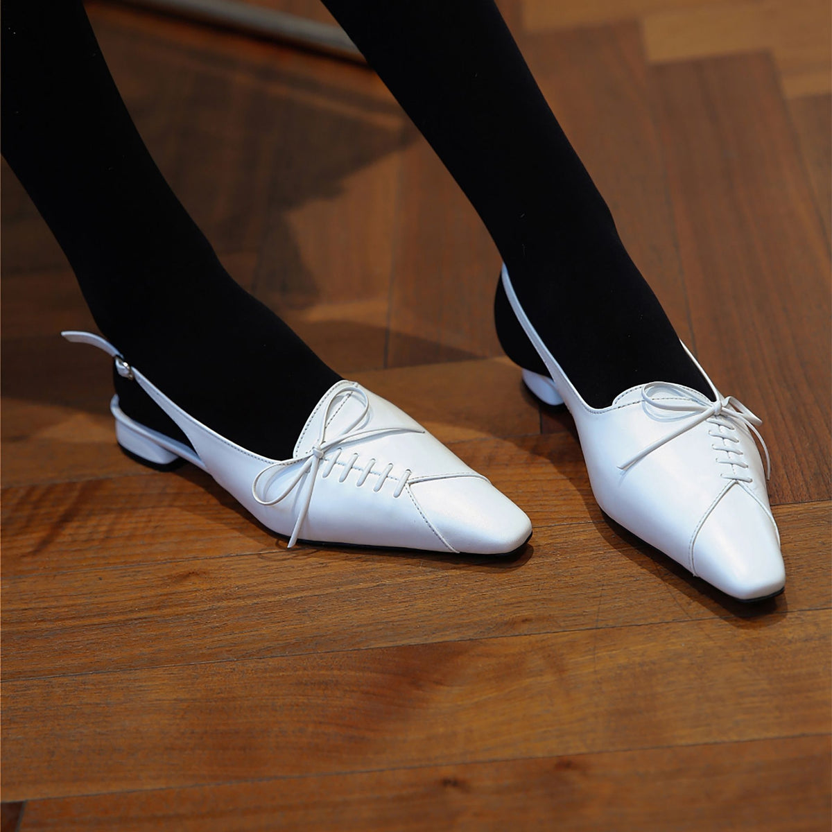 White Slingback Lace-Up Pointed Flats