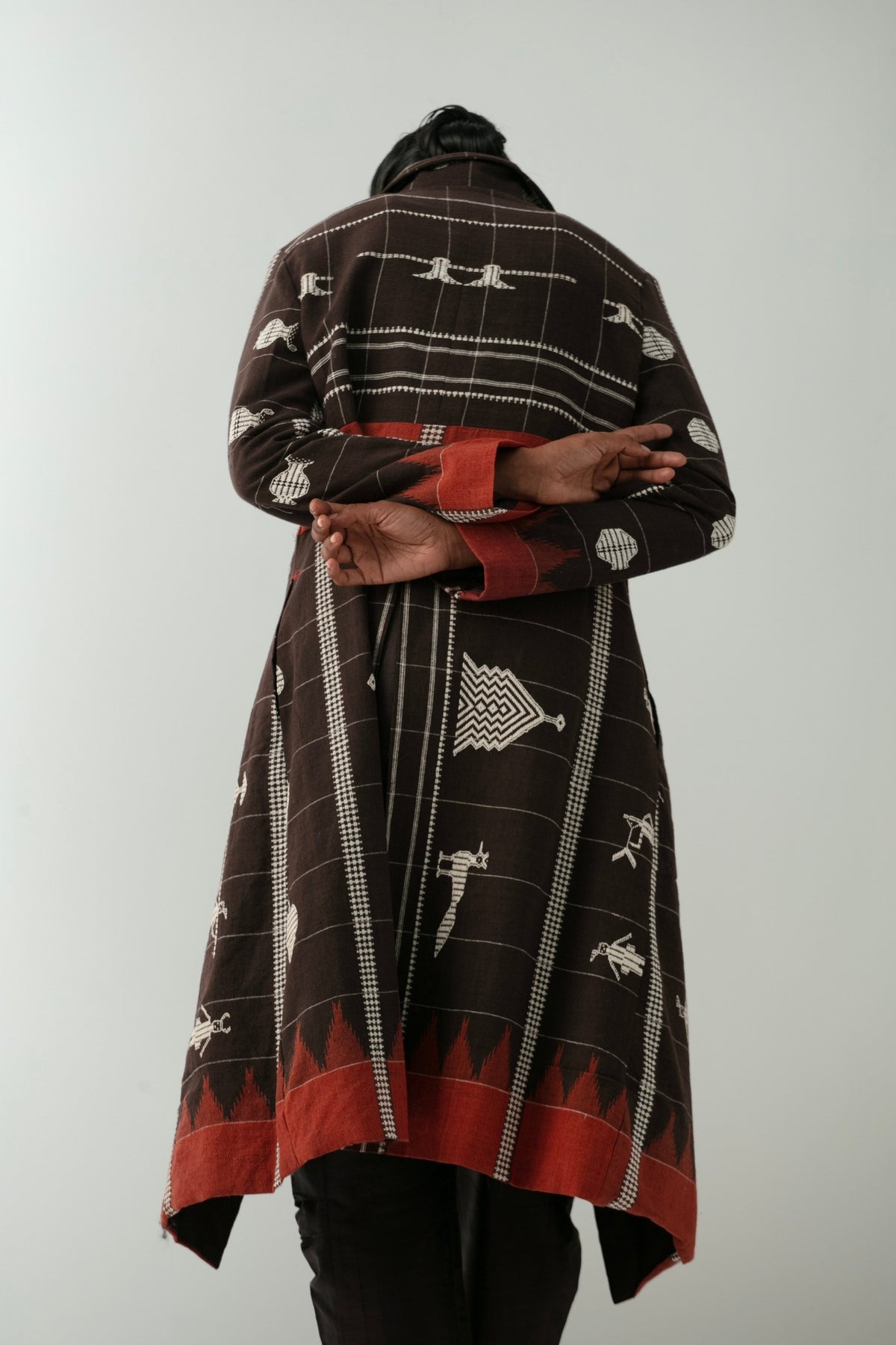 BOITO - Brown Kotpad Handloom Jacket with Temple and Nature Motifs, buy at DOORS NYC