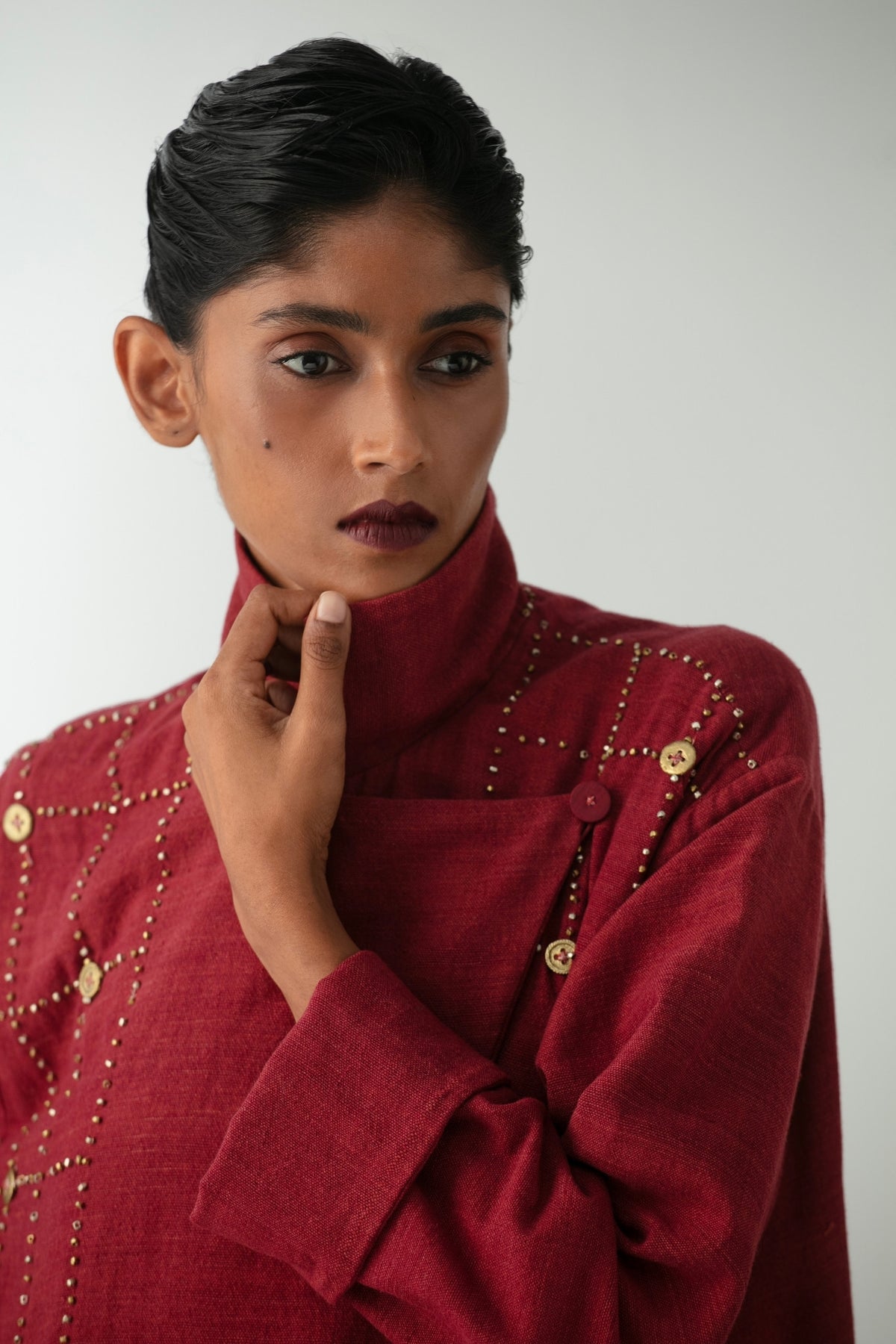 BOITO - Red Kotpad Overcoat with Hand-Embroidered Dhokra Beads, buy at DOORS NYC
