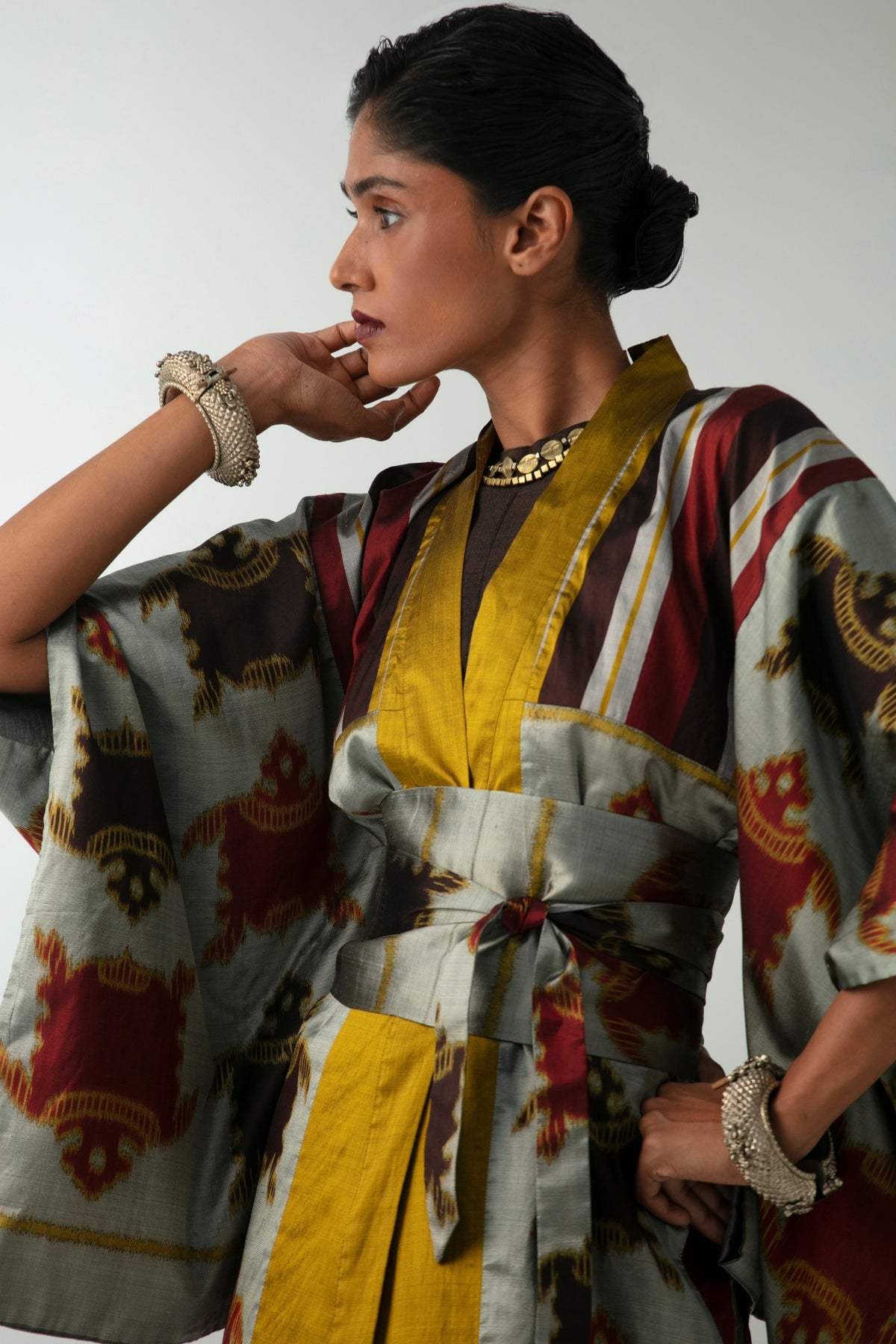 BOITO - Silver Ikat Silk Kimono with Sea Turtle Motif, buy at DOORS NYC