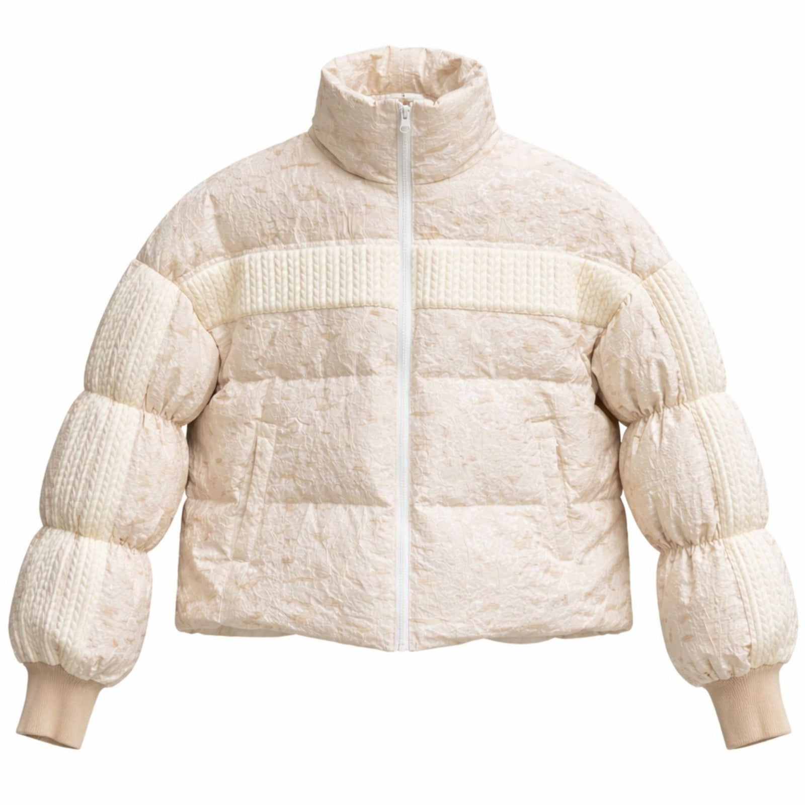 White Sculptural STREAM Puffer Jacket with Ribbed Sleeves