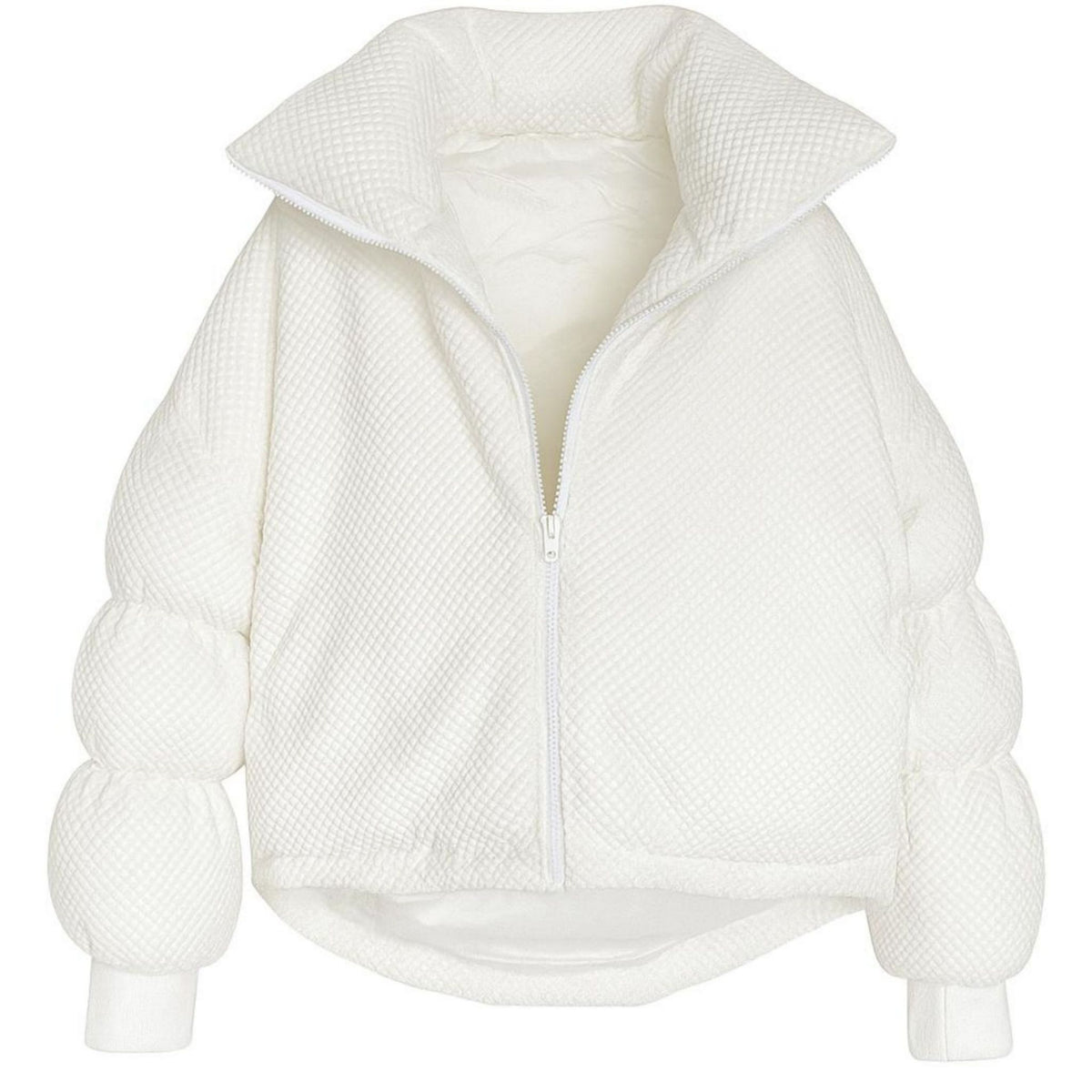 White Textured MIST Puffer Jacket with Curved Hem