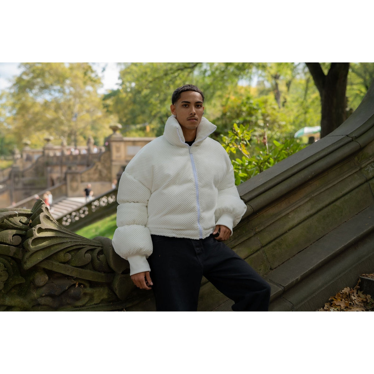 White Sculptural Puffer Jacket ANCHOR in Textured Tech Fabric