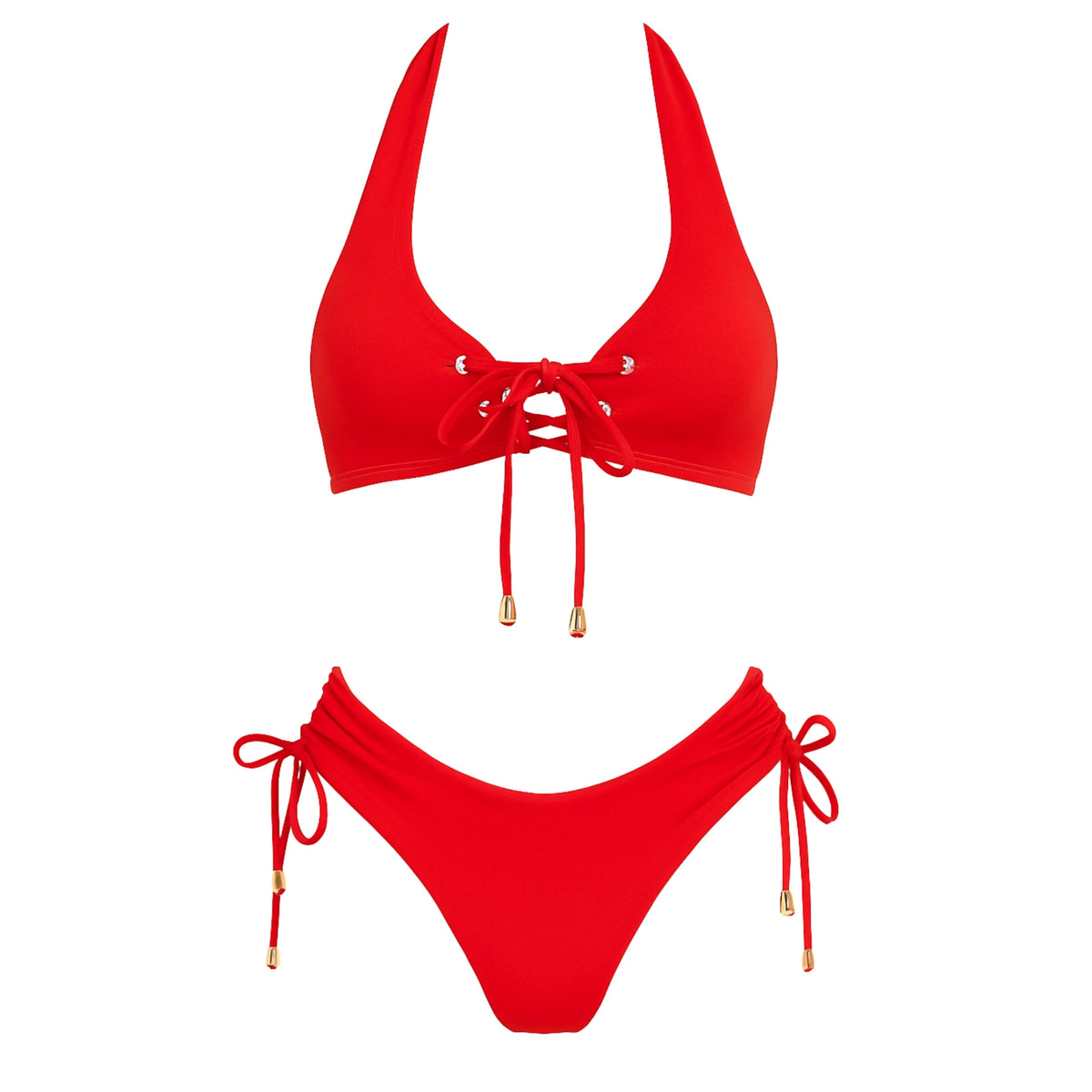 Front view of cherry red lace-up bikini set with halter neck top and side-tie bottoms
