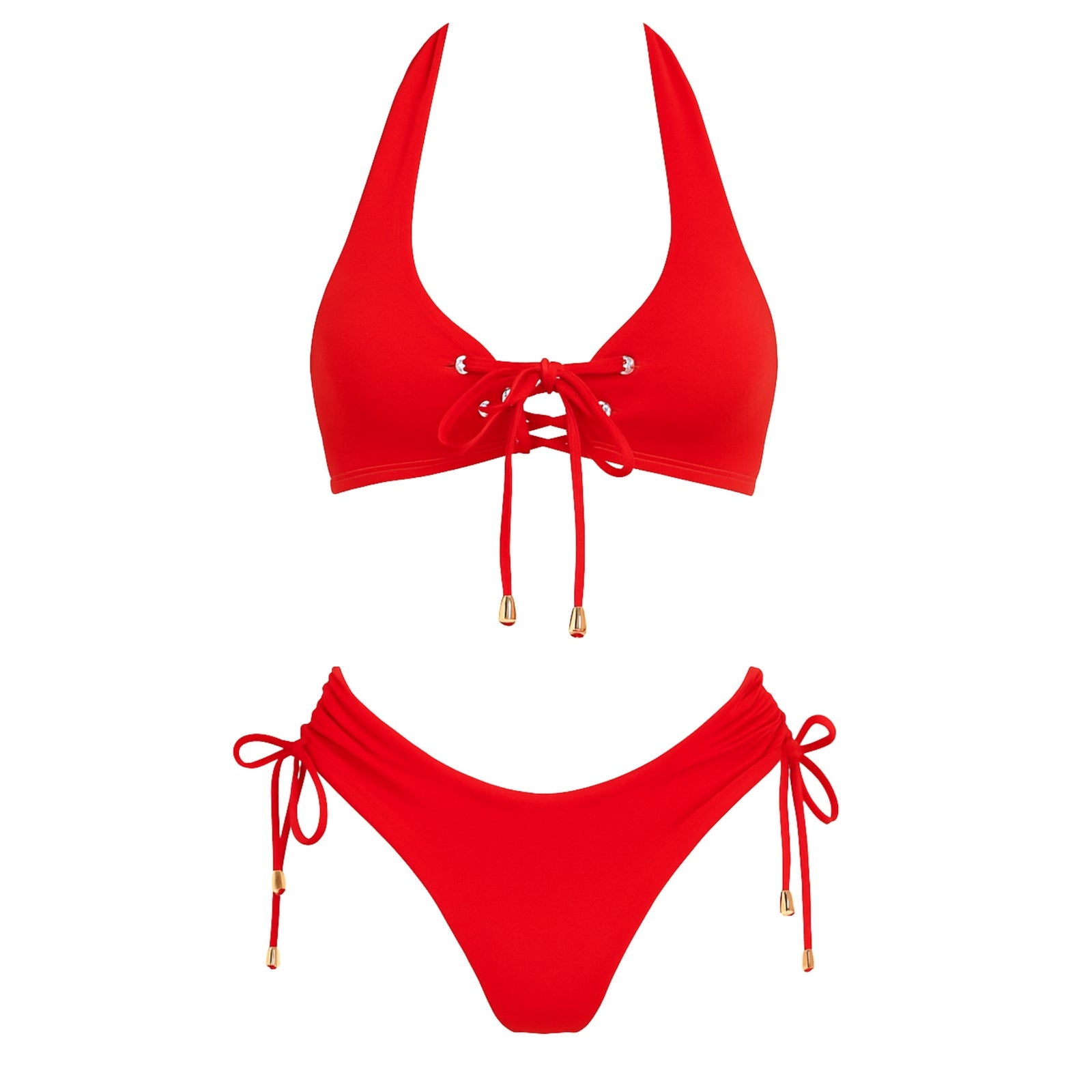Front view of cherry red lace-up bikini set with halter neck top and side-tie bottoms