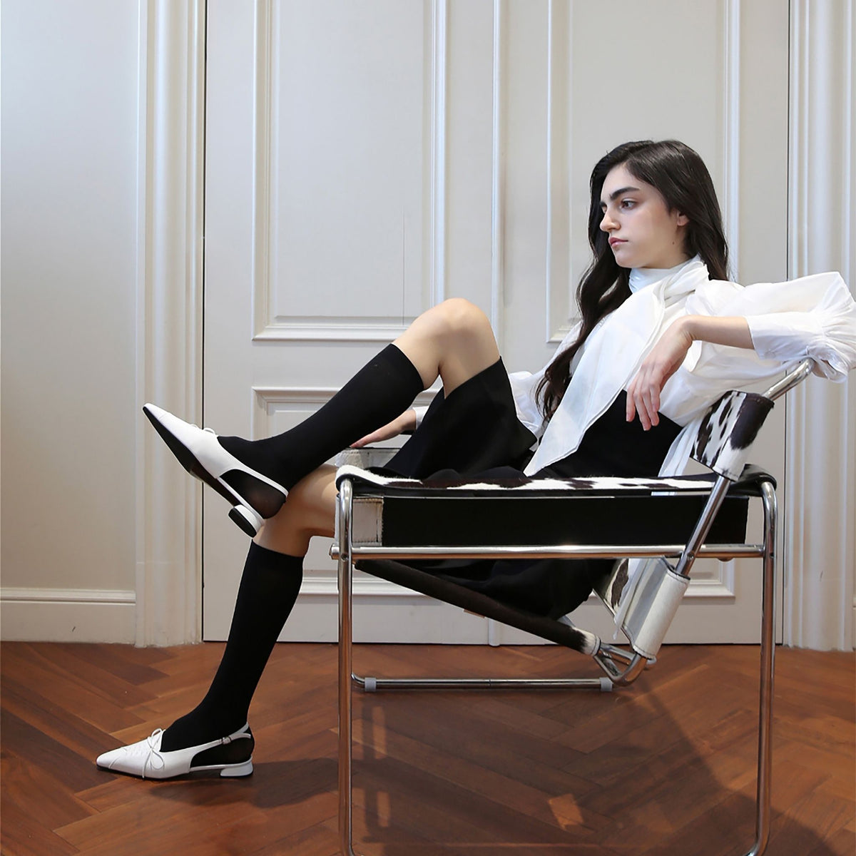 White Slingback Lace-Up Pointed Flats