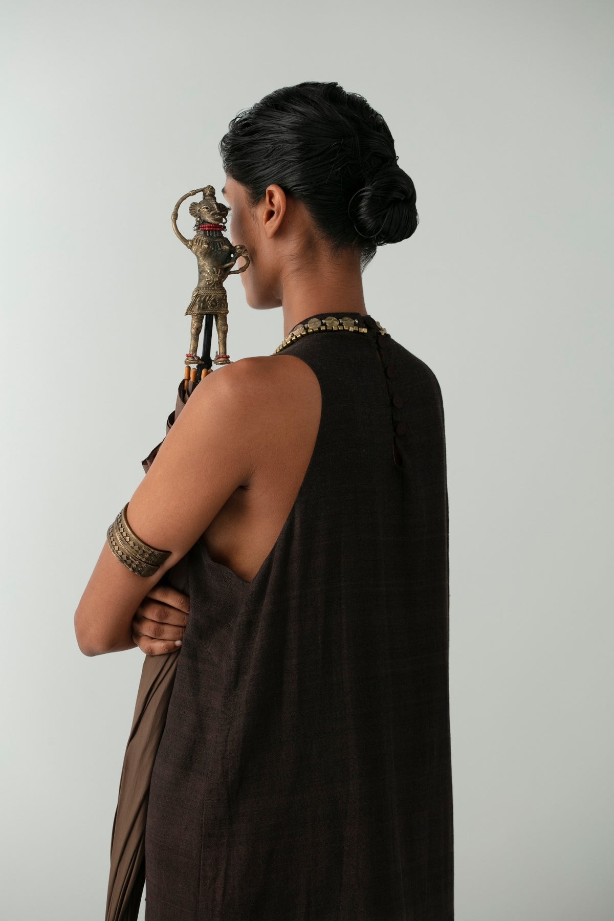 BOITO - Chocolate Brown Kotpad Halter Dress with Dhokra Beads, buy at DOORS NYC
