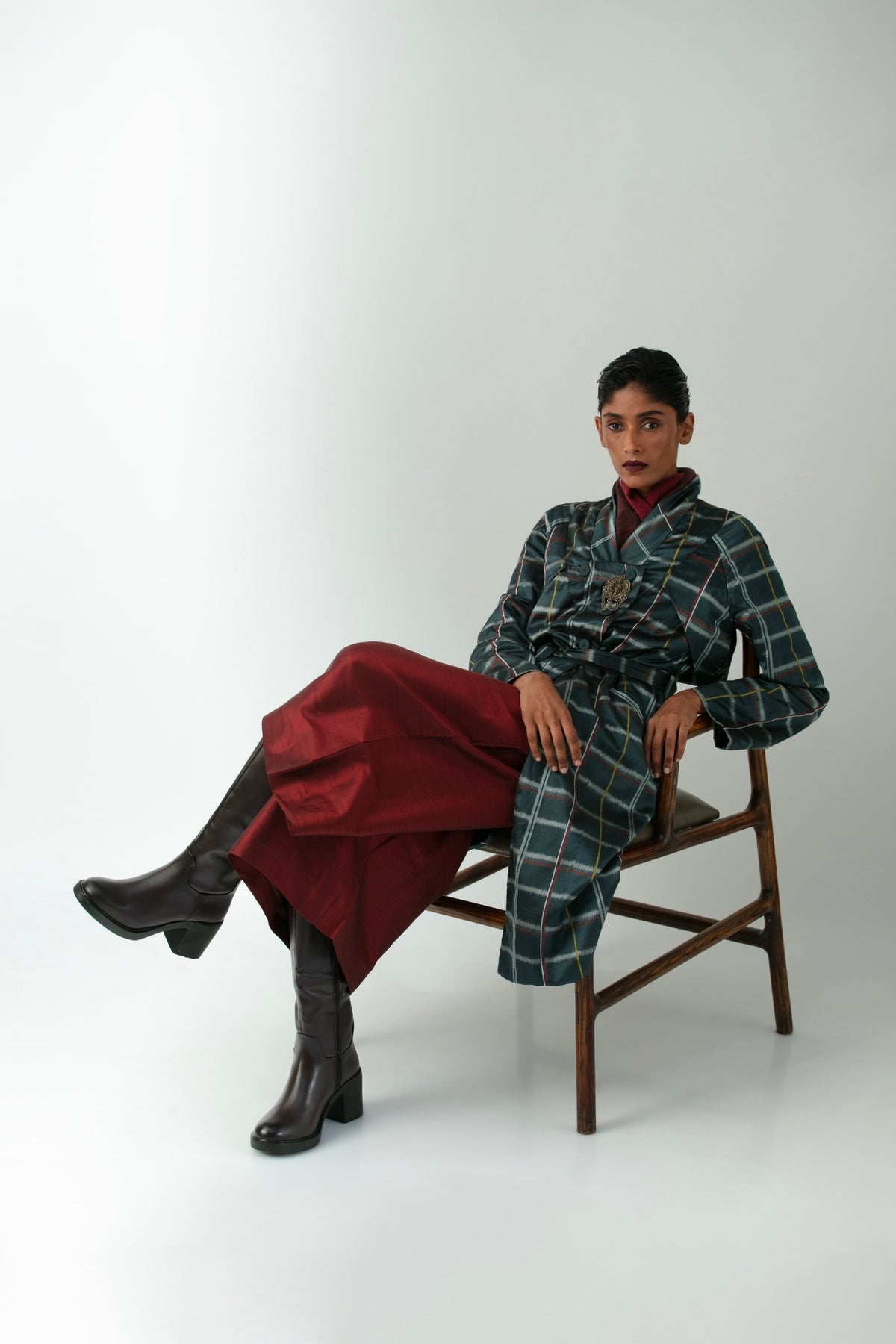 BOITO - Indigo Chequered Ikat Silk Trench Coat, buy at DOORS NYC